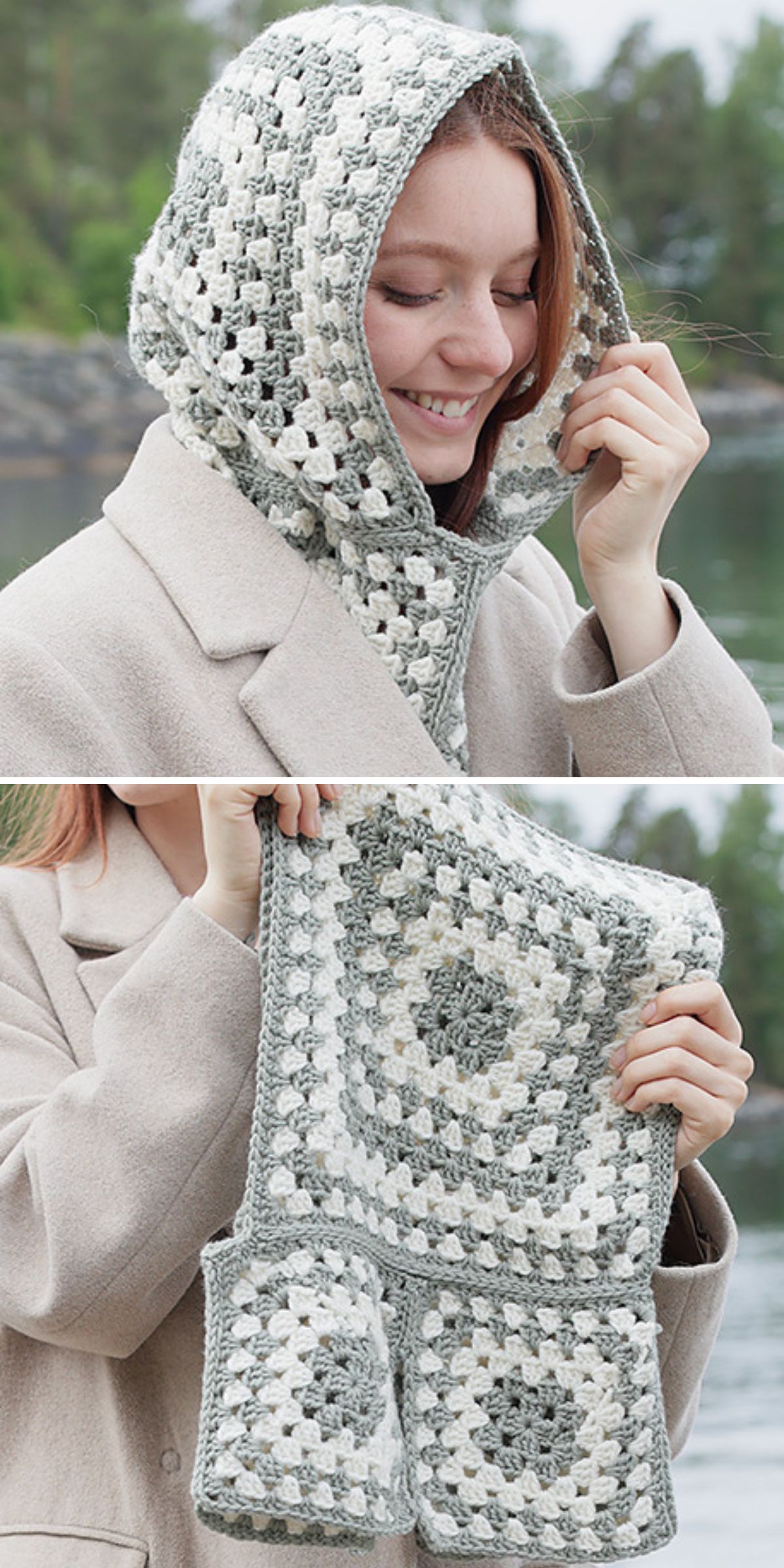 a woman in a grey and white crochet hood made with classic granny squares