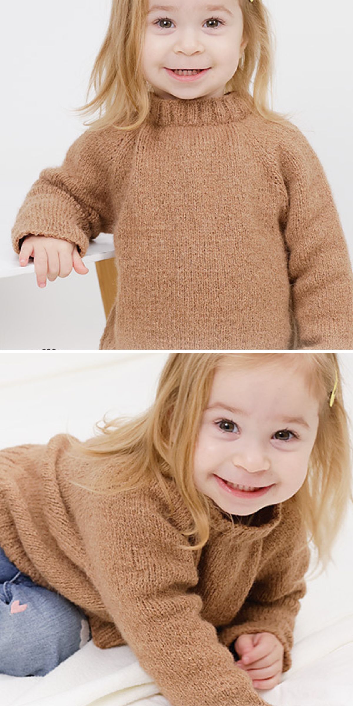 A young child with long blonde hair wears a brown knitted kids sweater, smiling while standing in one image and leaning forward in another—capturing the charm of knitted kids clothes.