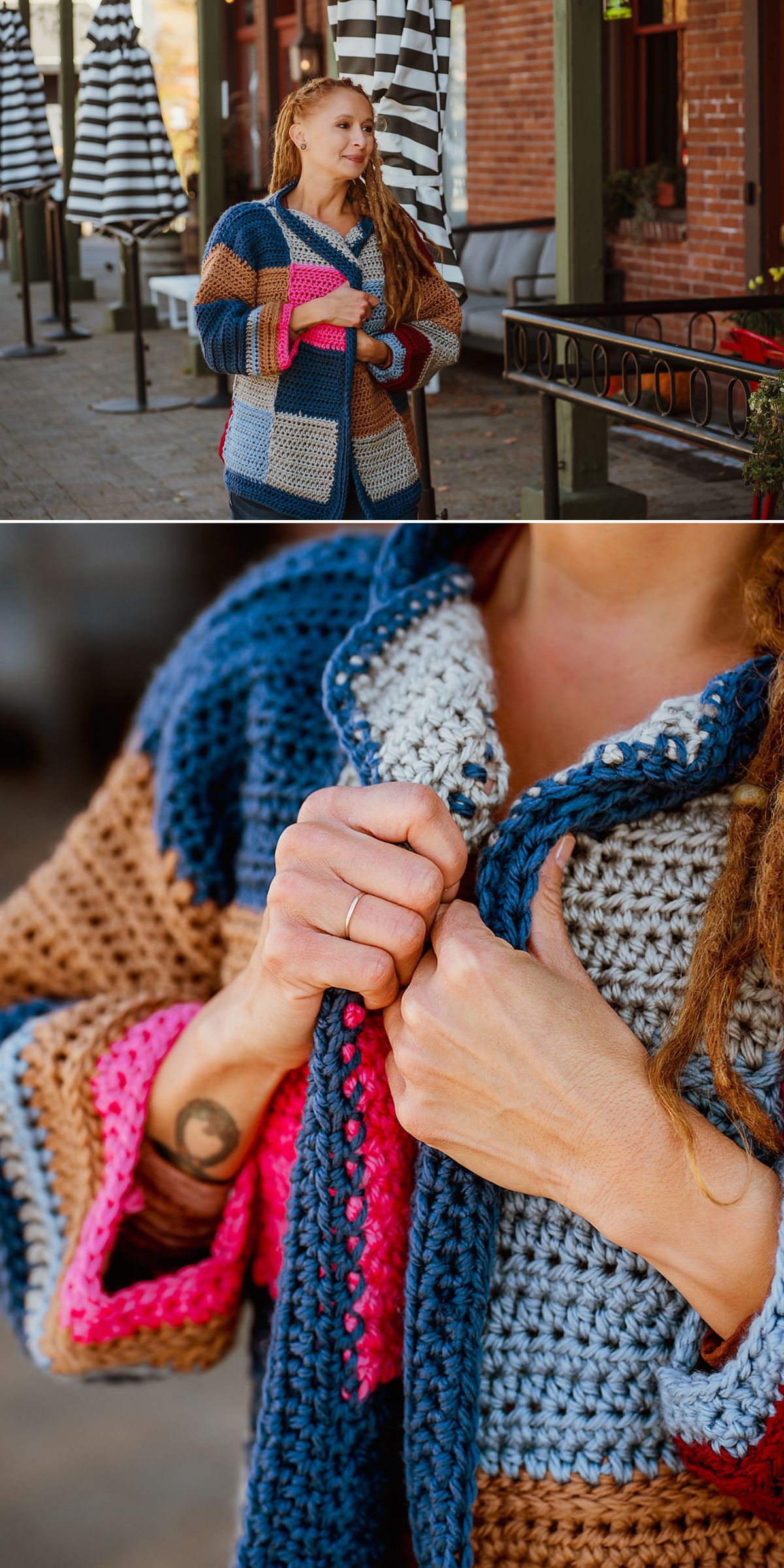 A woman outdoors wears a vibrant crochet cardigan, shown in both a full-length view and a close-up of her hands holding the front of the cardigan.