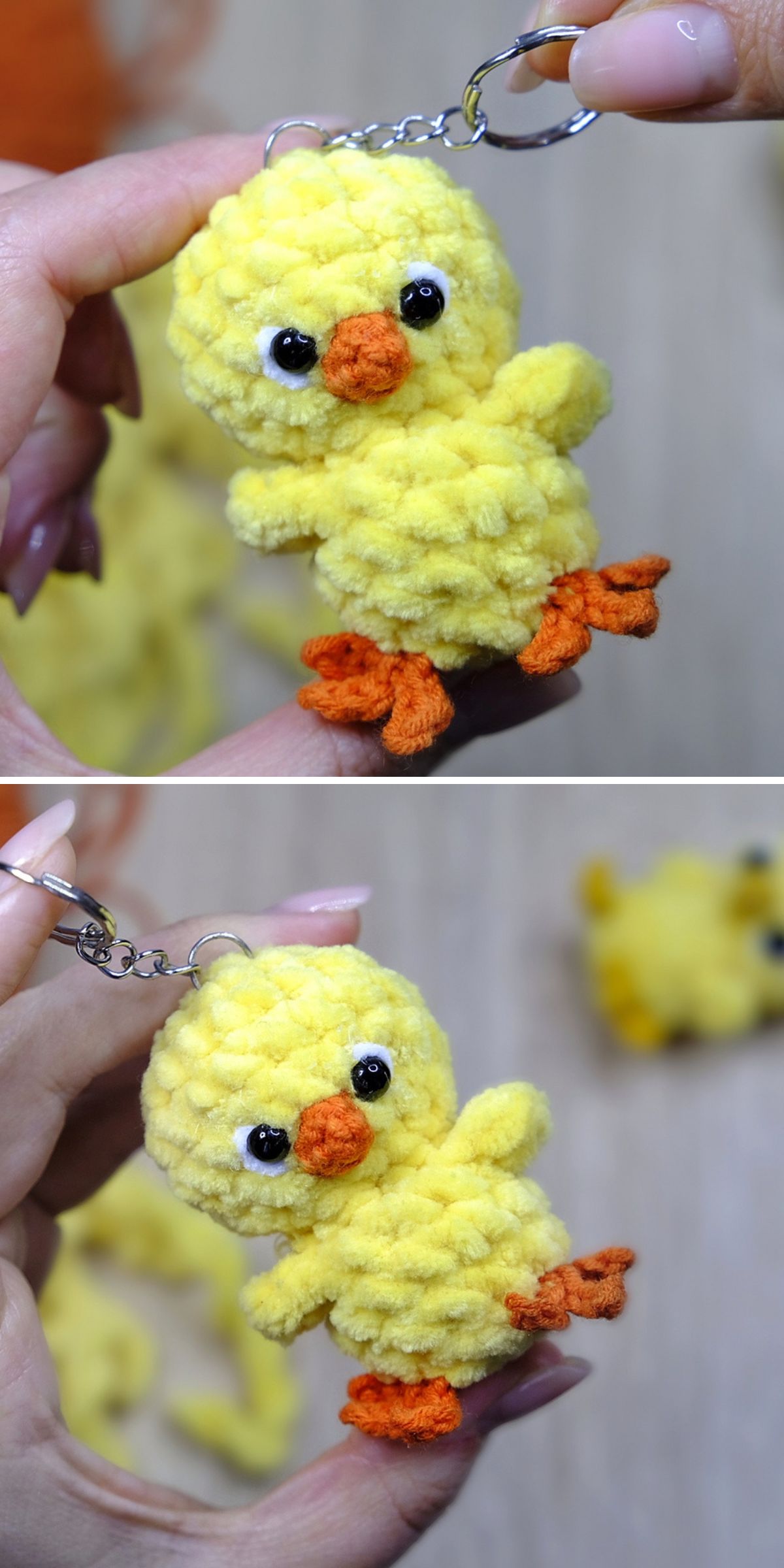 A hand holds a plush yellow crochet chicken keychain with orange feet and beak; shown from different angles against a blurred background.