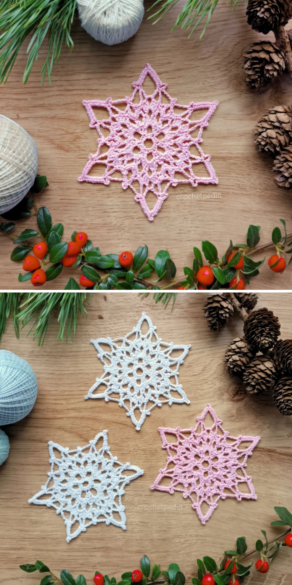 Crocheted star-shaped snowflake doilies in pink and white displayed on a wooden surface with pine cones, greenery, red berries, yarn balls, and a delicate crochet ornament nearby.