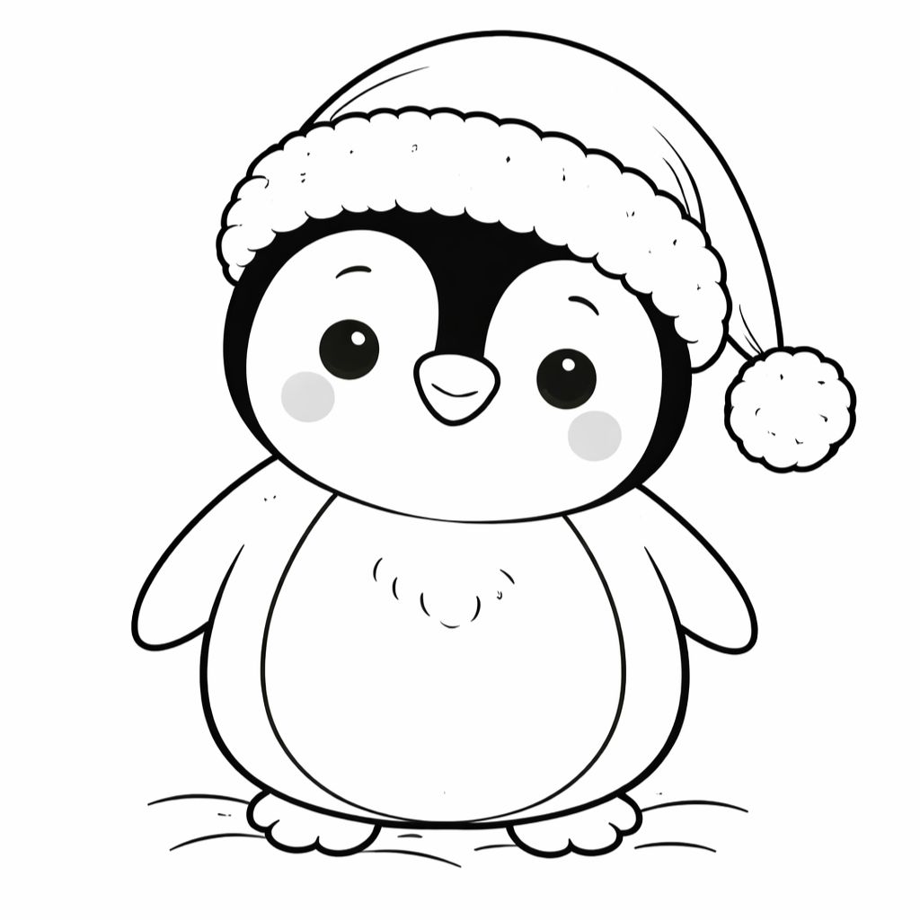 A cartoon penguin wearing a Santa hat stands on the ground in black and white—perfect for kids and Christmas coloring pages or as a free printable activity.