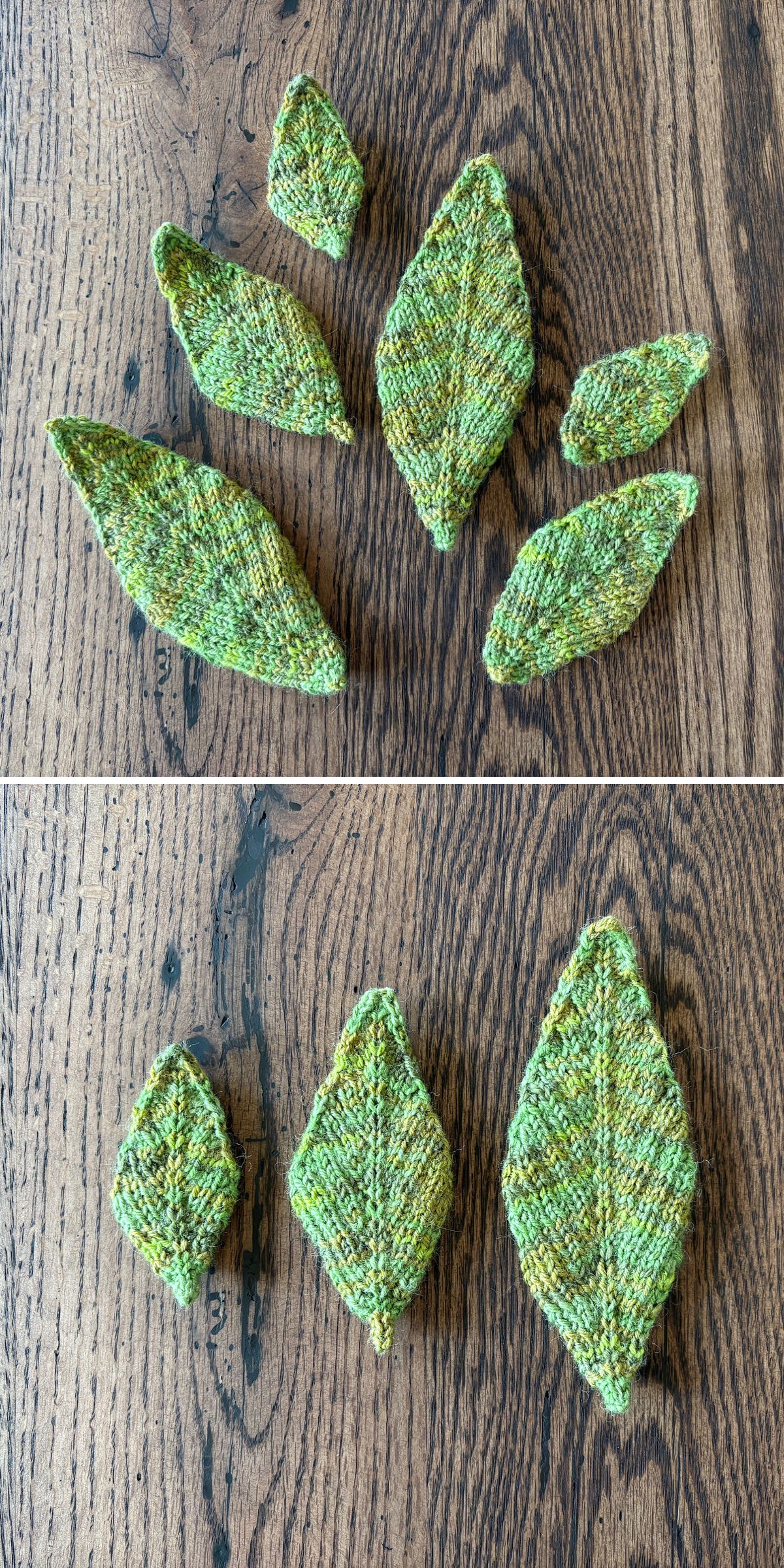 Six knitted green leaves of varying sizes are arranged on a wooden surface, shown from two different angles in separate photos—perfect as a charming knitted applique for your craft projects.