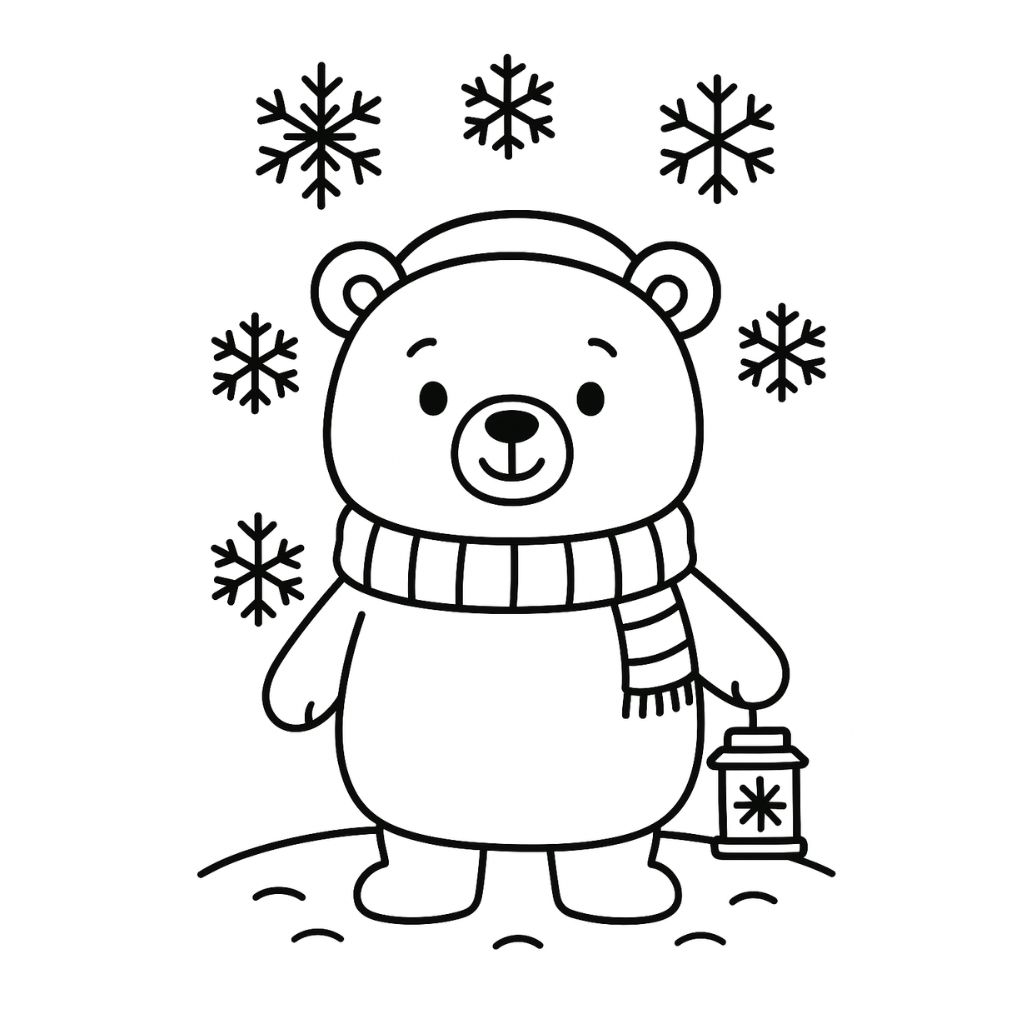 A cartoon bear wearing a scarf and hat stands on a hill holding a lantern, with six snowflakes around its head—perfect for winter coloring pages.