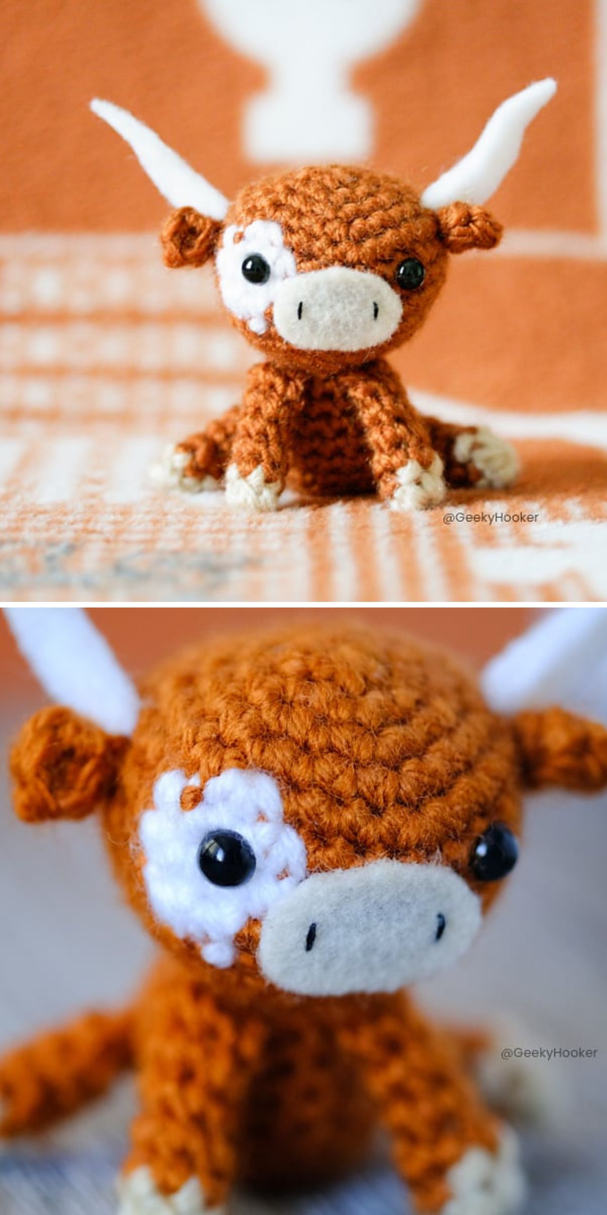 A small, crochet cow crafted in brown yarn features white horns, a white snout, and a charming white patch around one eye, displayed from two angles on an orange and white background.