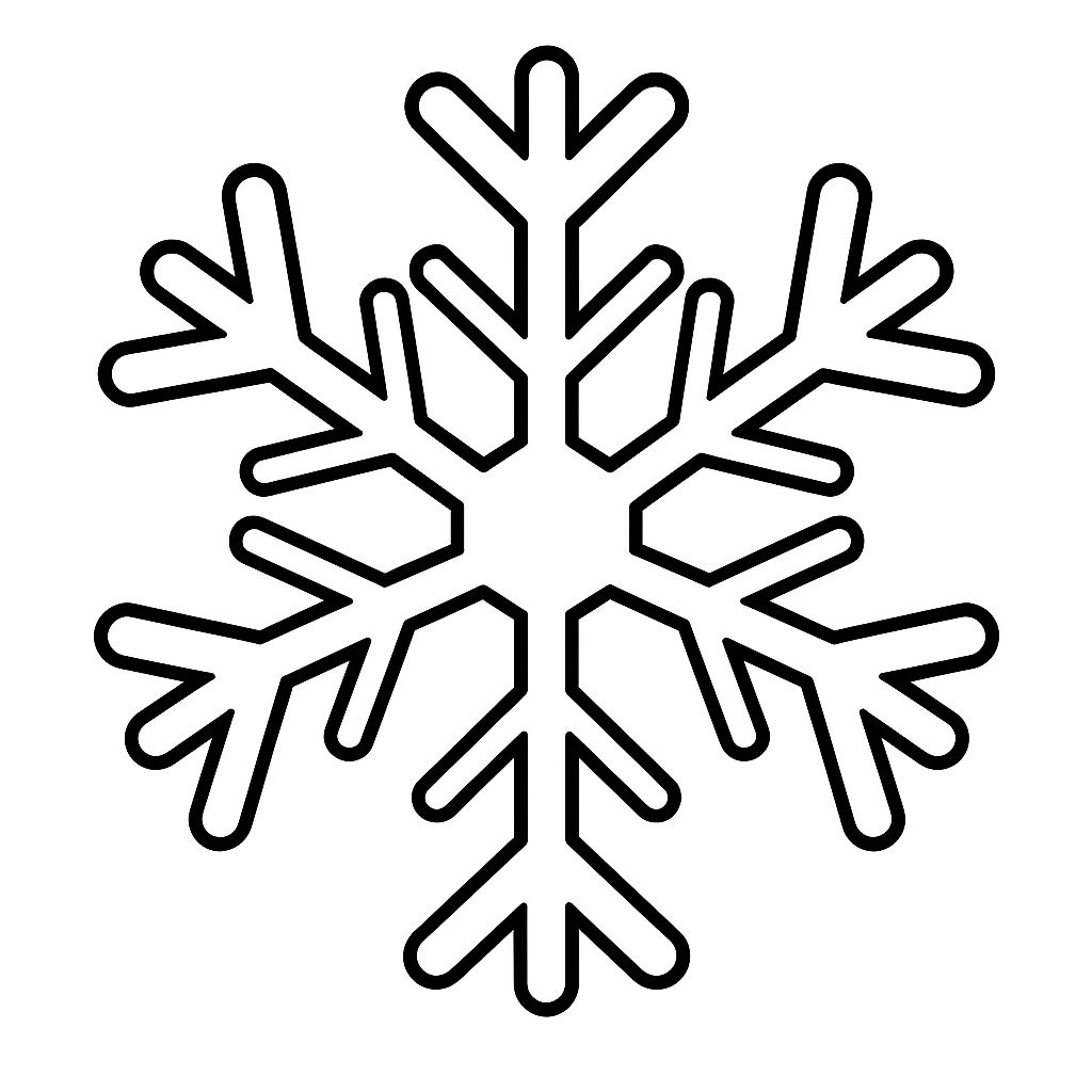 Black and white outline drawing of a six-sided snowflake with symmetrical branches on a white background, perfect for winter coloring pages.