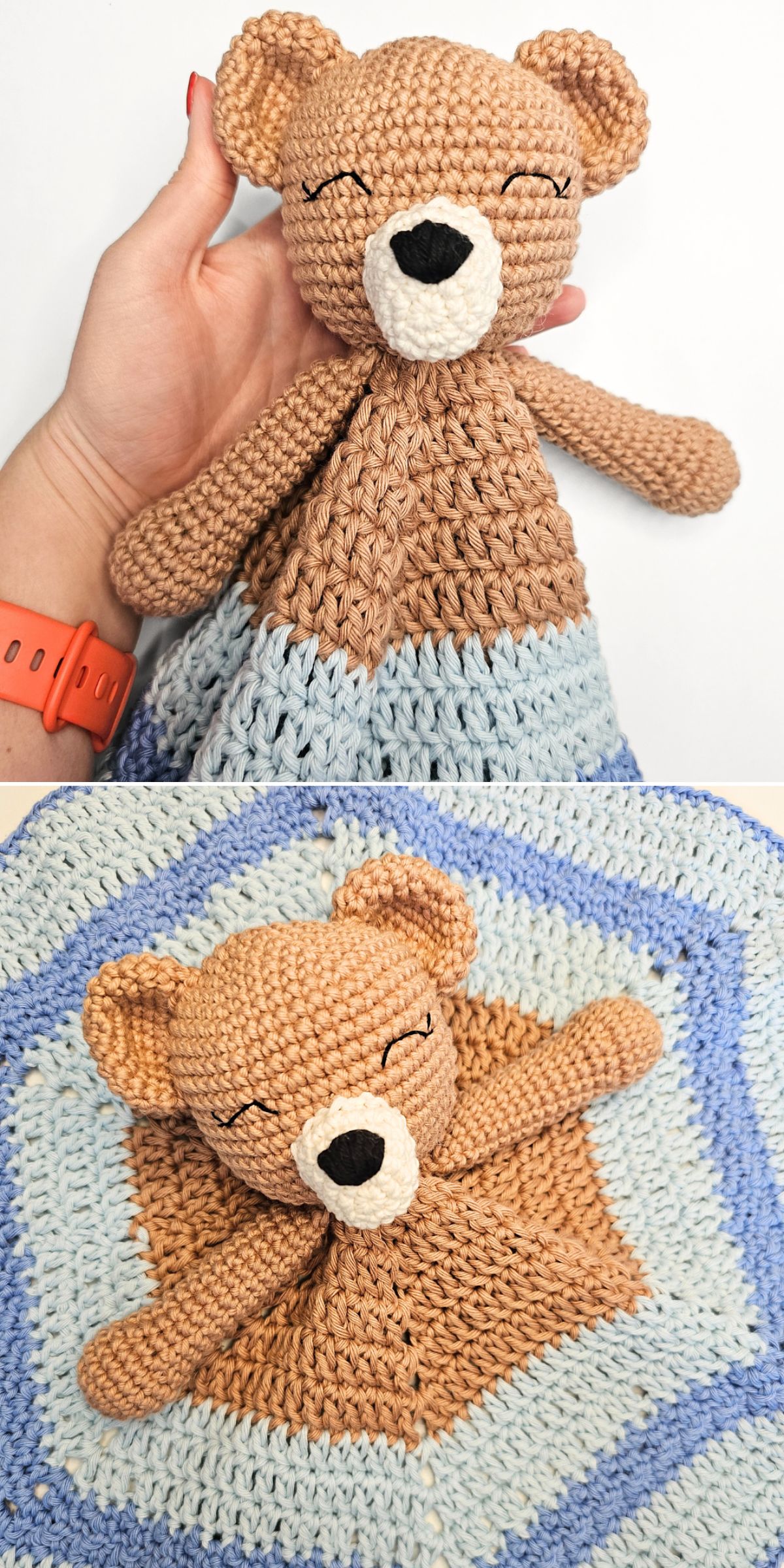 A hand holds a crochet baby lovey featuring a brown bear head and arms attached to a blue and tan blanket; the second image shows the lovey laid flat on a patterned blanket.