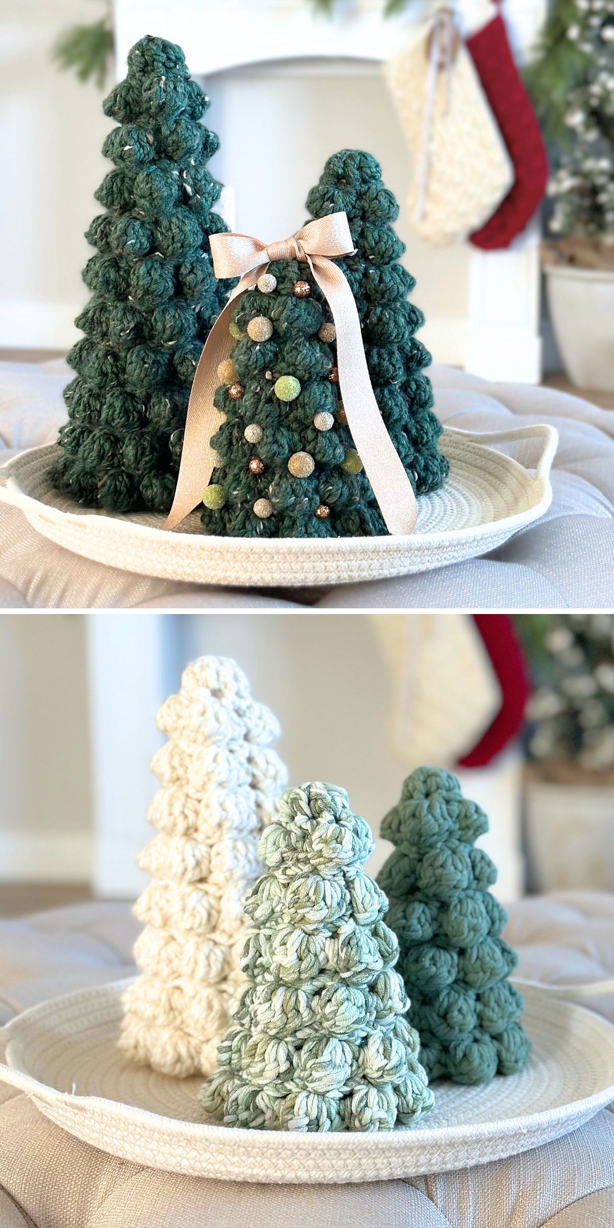 Two images of crochet Christmas tree decorations arranged on a woven tray. The trees, in green and cream hues, feature one green crochet Christmas tree adorned with a ribbon and small ornaments.