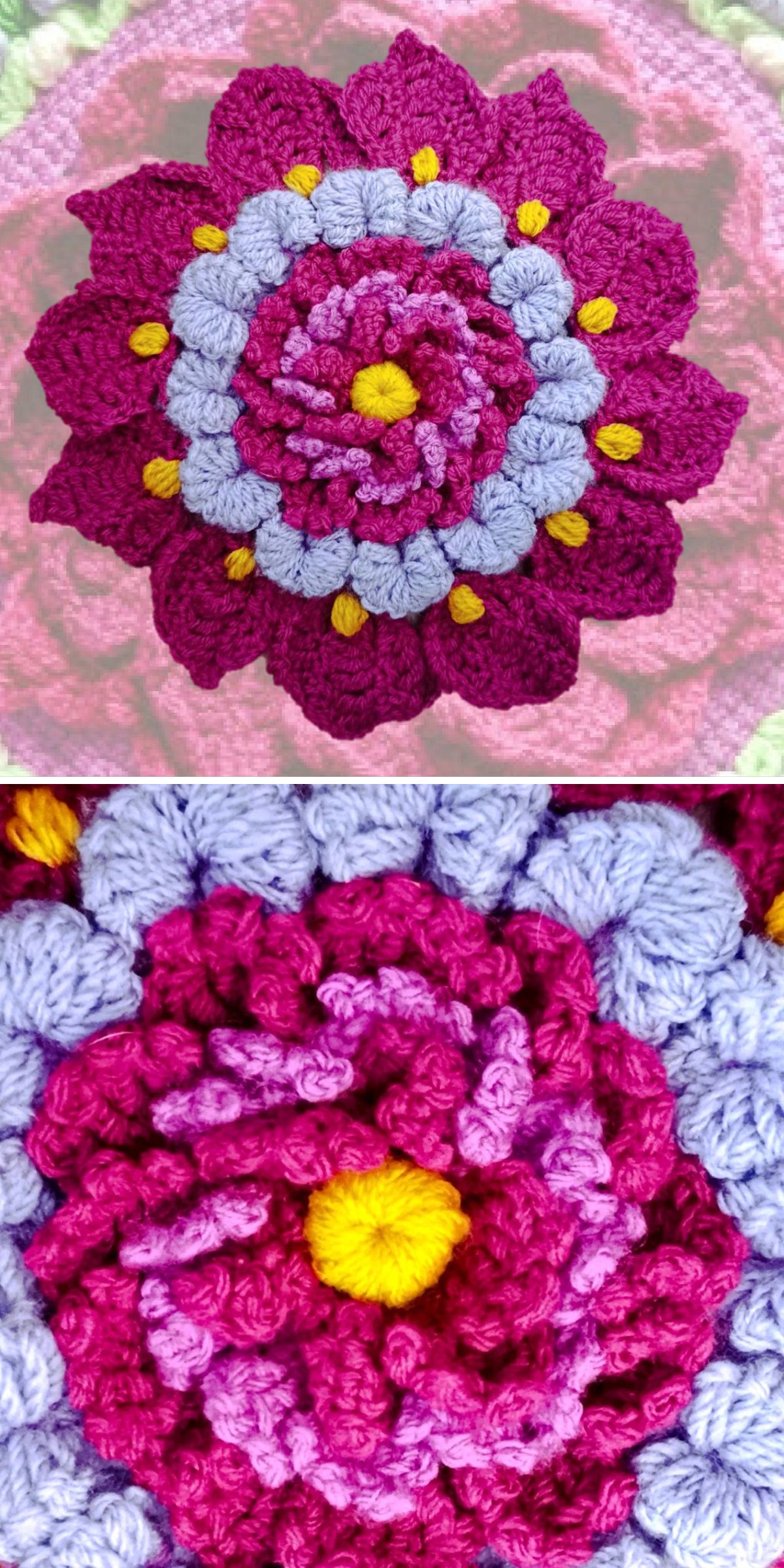 a center of an advanced-level crochet round blanket featuring 3D flower