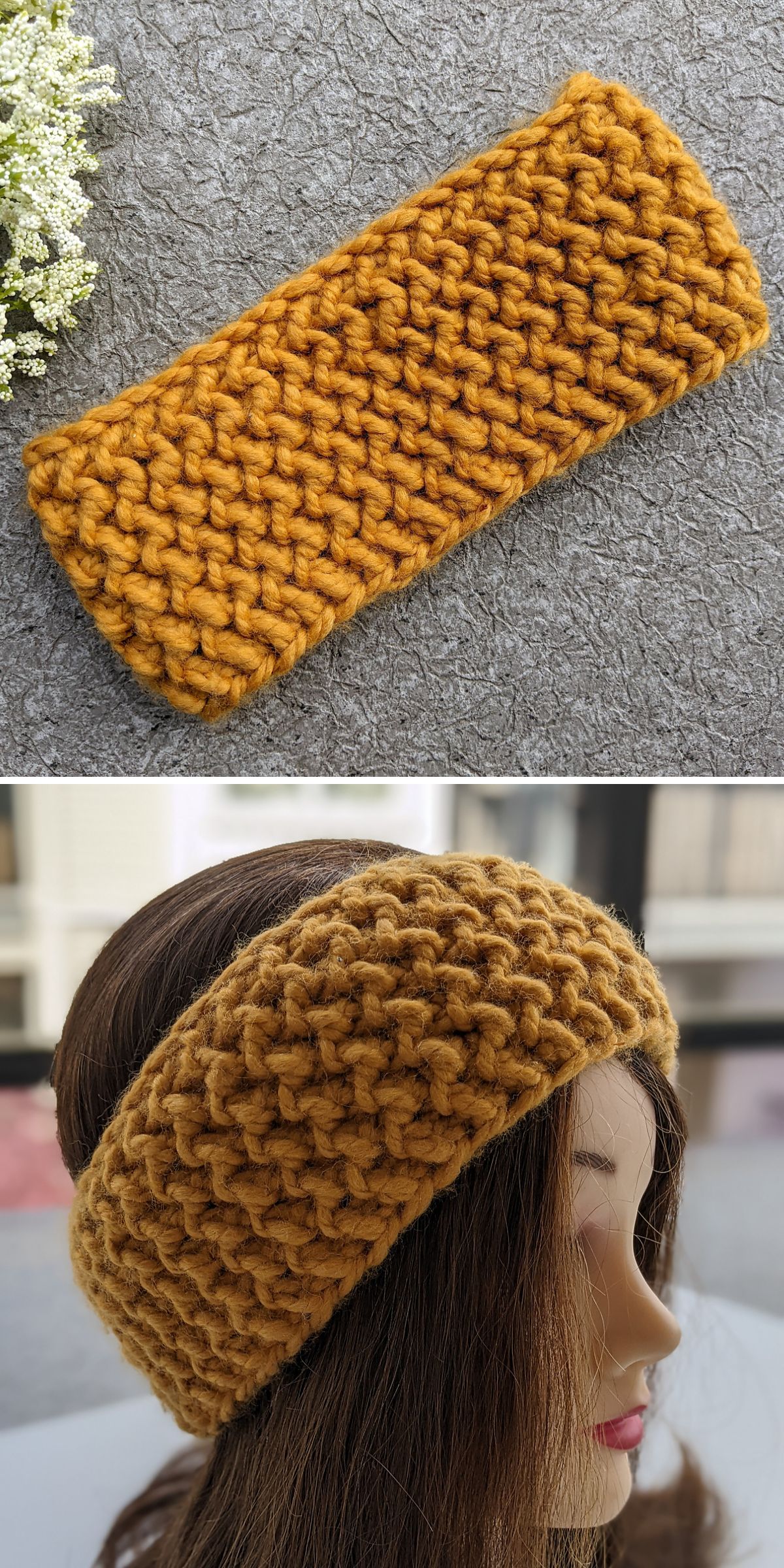A chunky, mustard yellow knit headband — perfect for fans of knit fast projects—shown lying flat and being worn on a mannequin head.