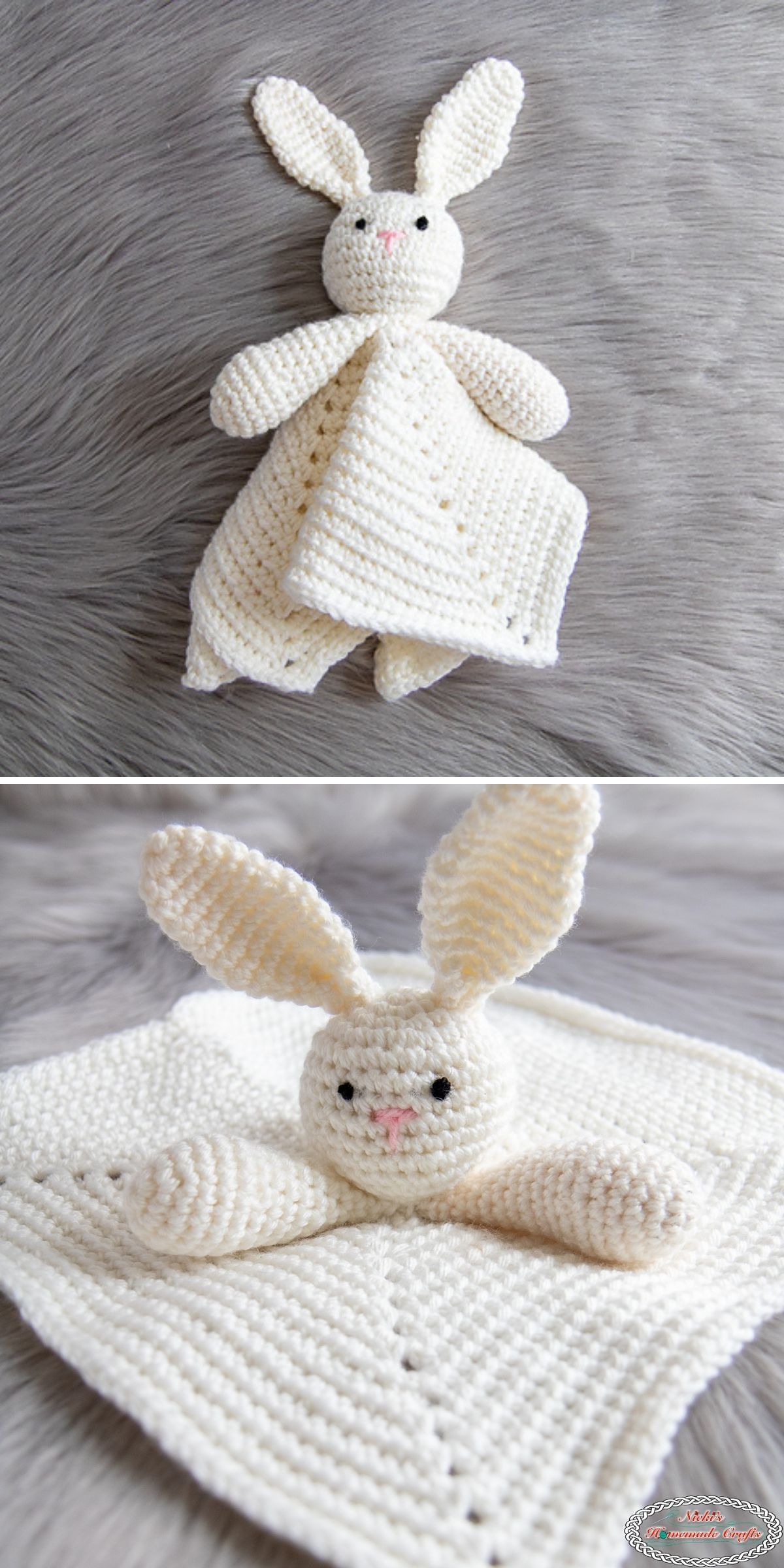 A crochet baby lovey featuring a white bunny with long ears and a soft, square blanket body, displayed on a gray textured surface.