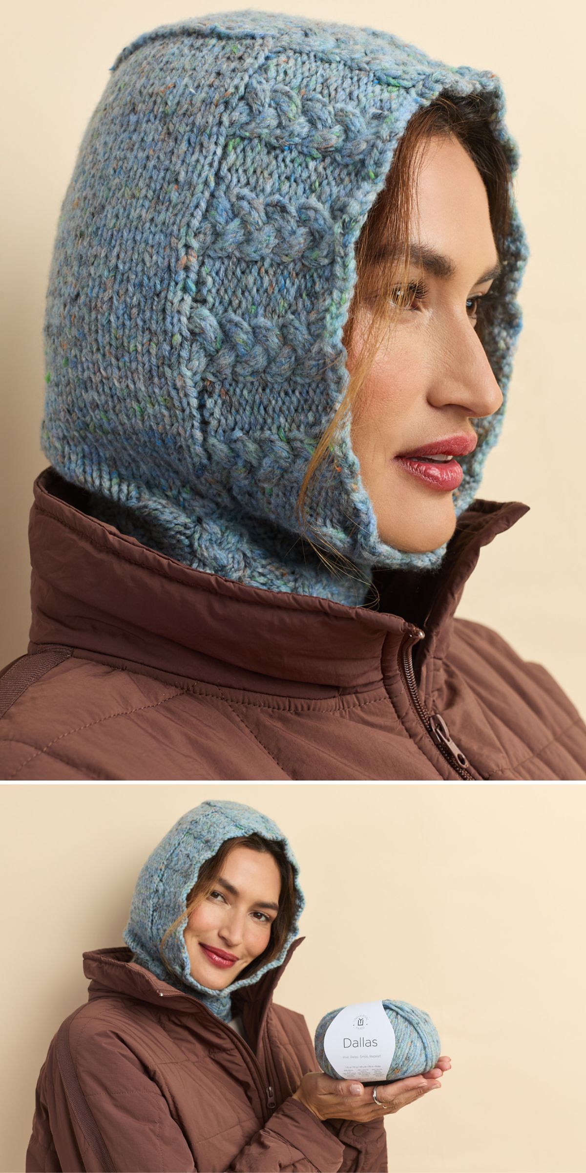 A woman in a blue knitted hood over a brown jacket holds a ball of yarn labeled "Dallas" in the second image.