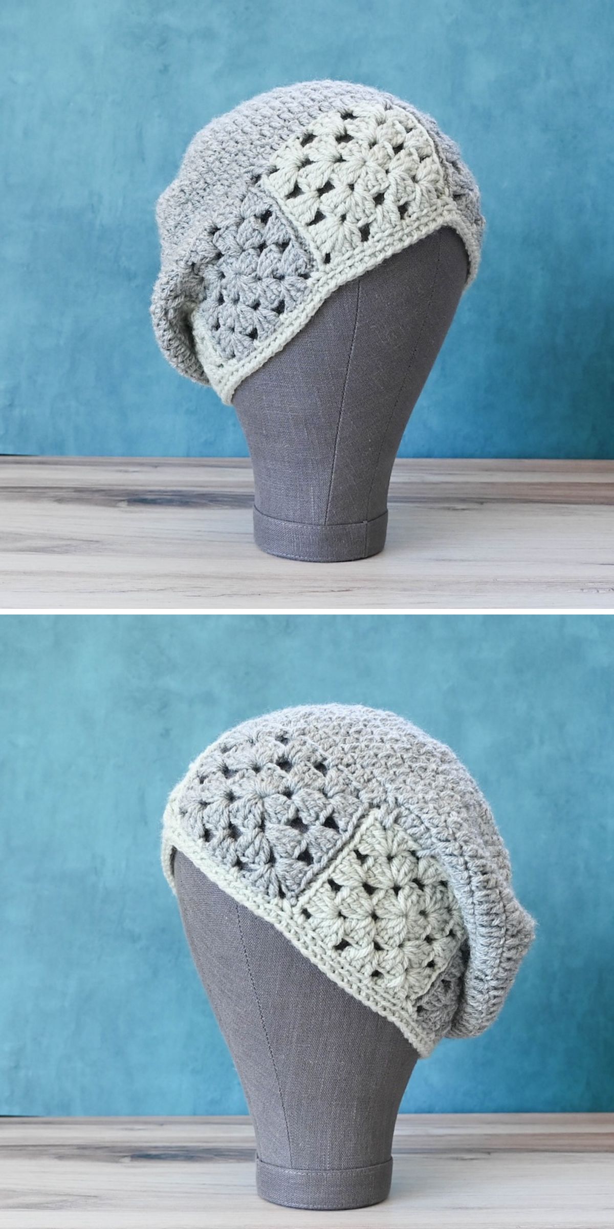 a grey crochet slouchy hat with a brim made of classic granny squares