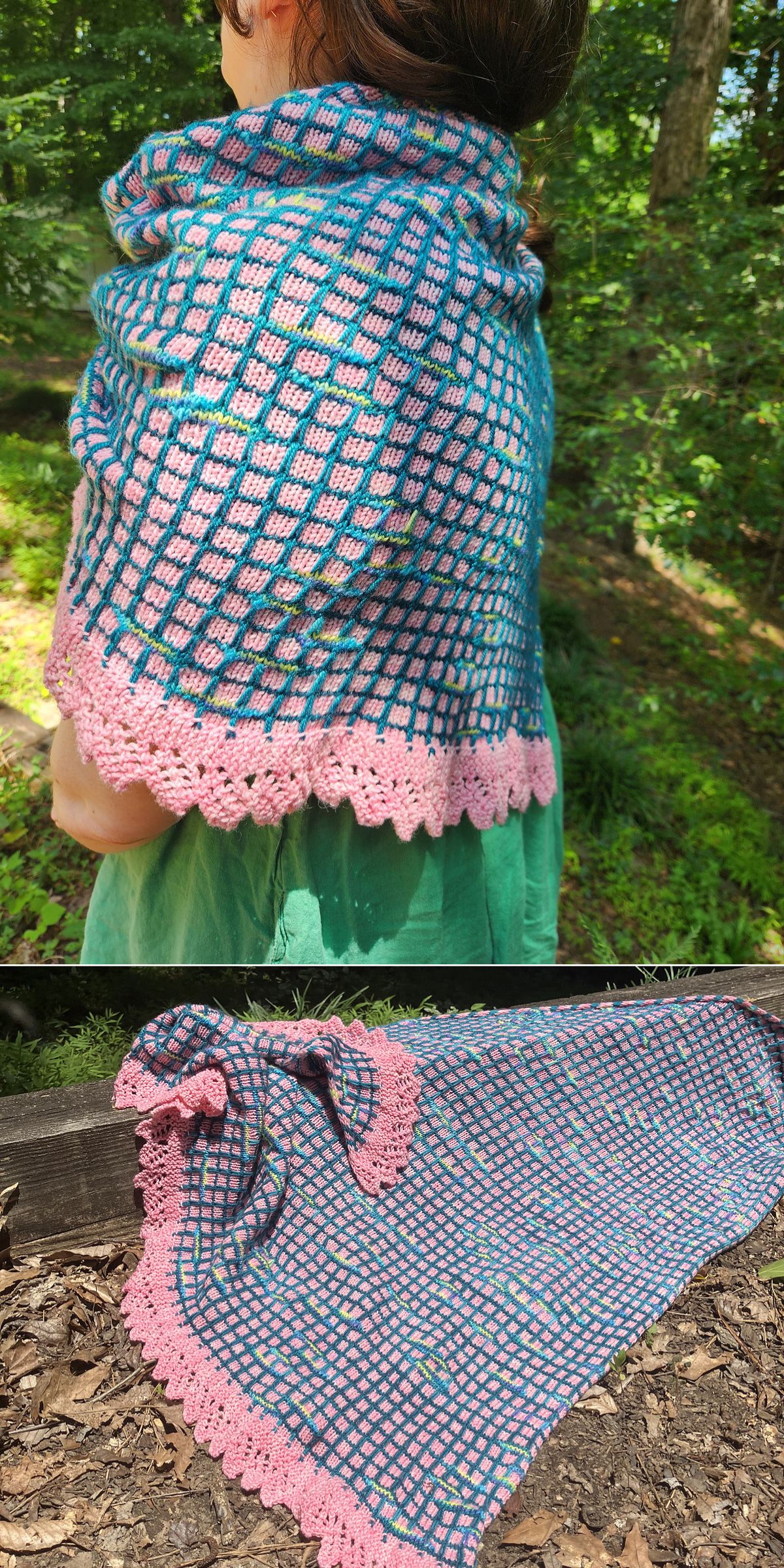 A person wears a triangular knit shawl featuring a blue and pink grid pattern and a pink lace border; the shawl knitting pattern is also displayed with the shawl laid flat outdoors.