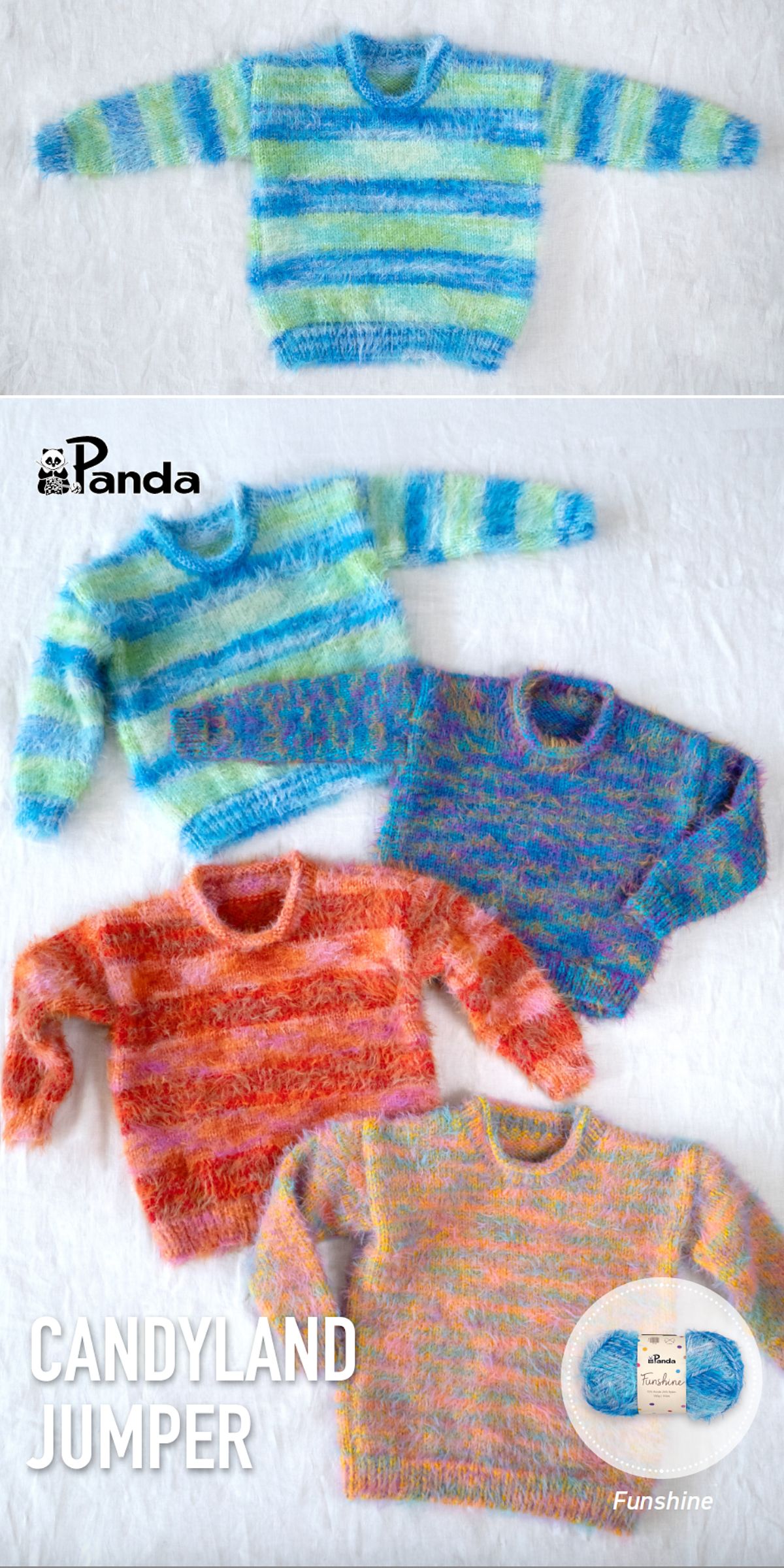 Four long-sleeve, fuzzy striped sweaters in pastel and bright colors are displayed on a white background. Text reads "Candyland Jumper" and "Funshine." Perfect for those seeking cozy, knitted kids clothes with playful style.