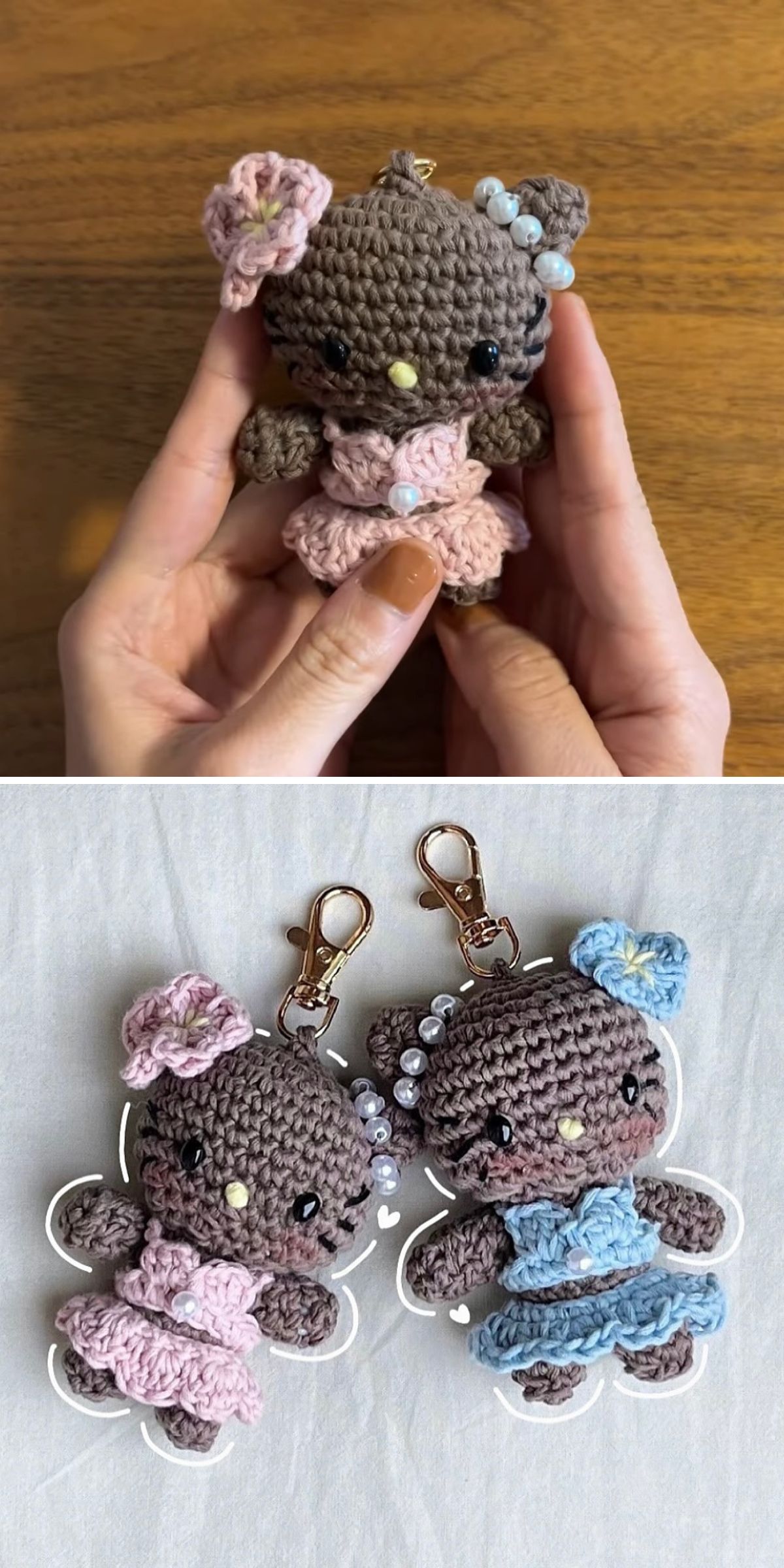 two cute crochet kittens dressed in a pink and blue dresses with a matching flower headbands