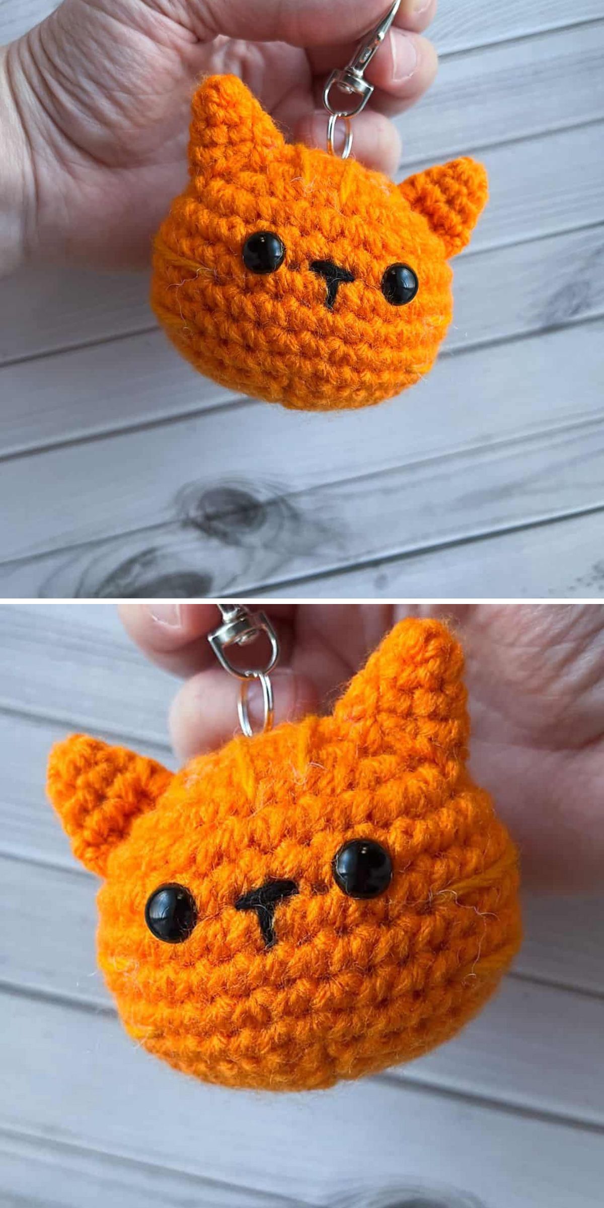 an amigurumi cat head in orange, hold with a hand as a crochet keychain