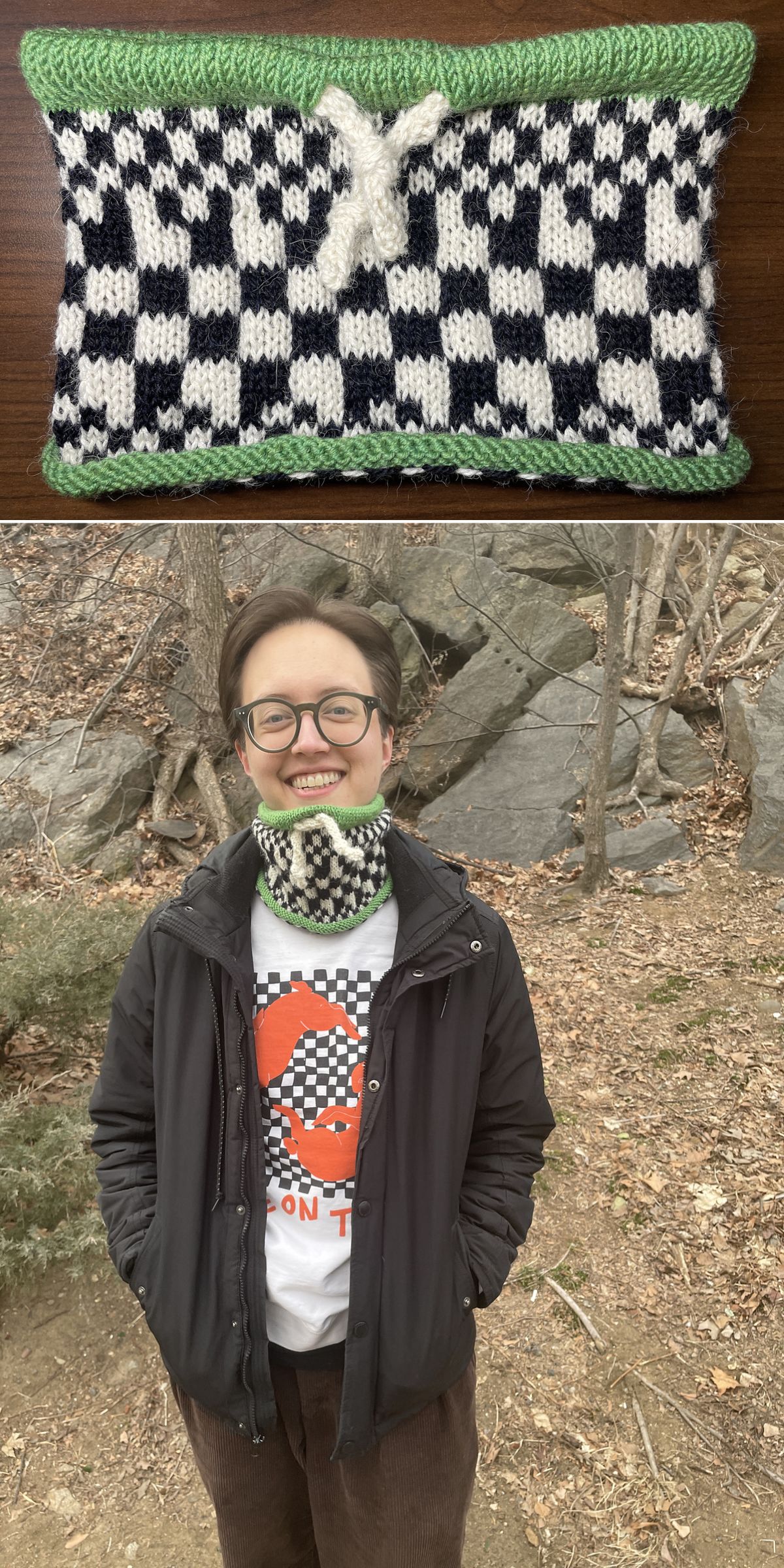 A person outdoors wears a black-and-white checkered knitted cowl with green borders and a white detail, shown separately in a close-up above.