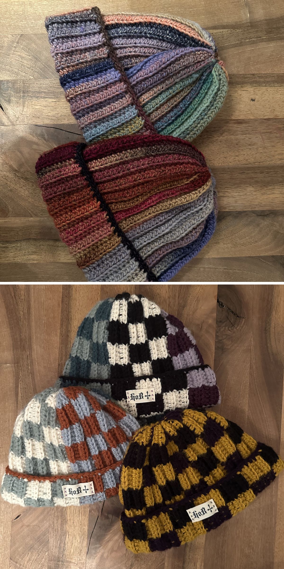 Two images show hats on a wooden surface. The top image features two striped crochet beanies; the bottom image displays three checkered hats with "+Rolf" labels.