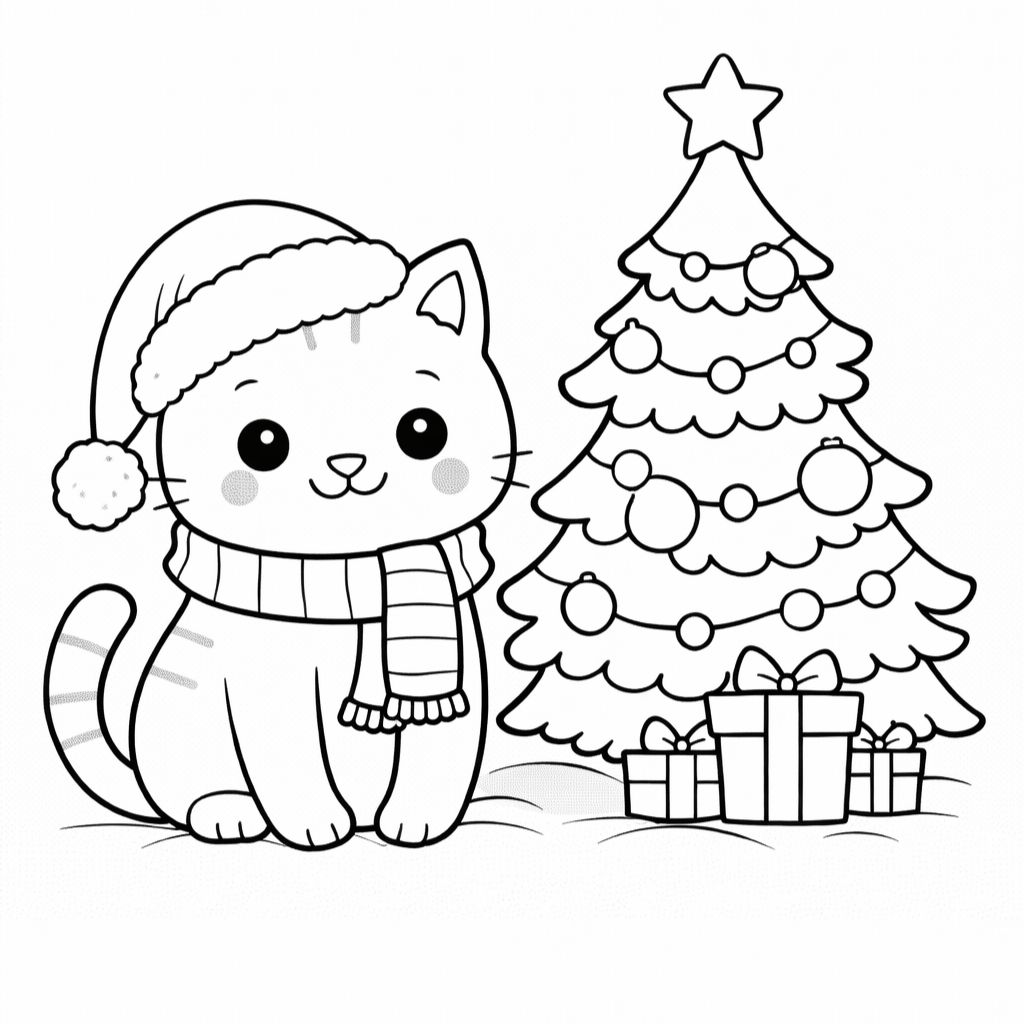 A cartoon cat wearing a Santa hat and scarf sits next to a decorated Christmas tree with ornaments and gifts underneath—perfect for festive Christmas coloring pages.