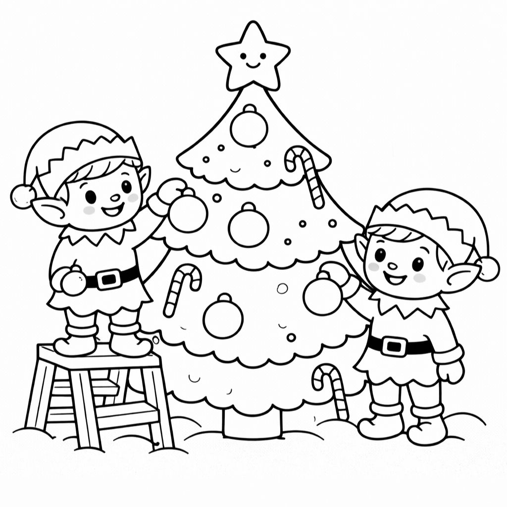 Two elves decorate a Christmas tree with ornaments and candy canes—one on a stool, the other on the ground. Perfect for kids, this scene makes a delightful addition to your Christmas coloring pages or as a free printable activity.