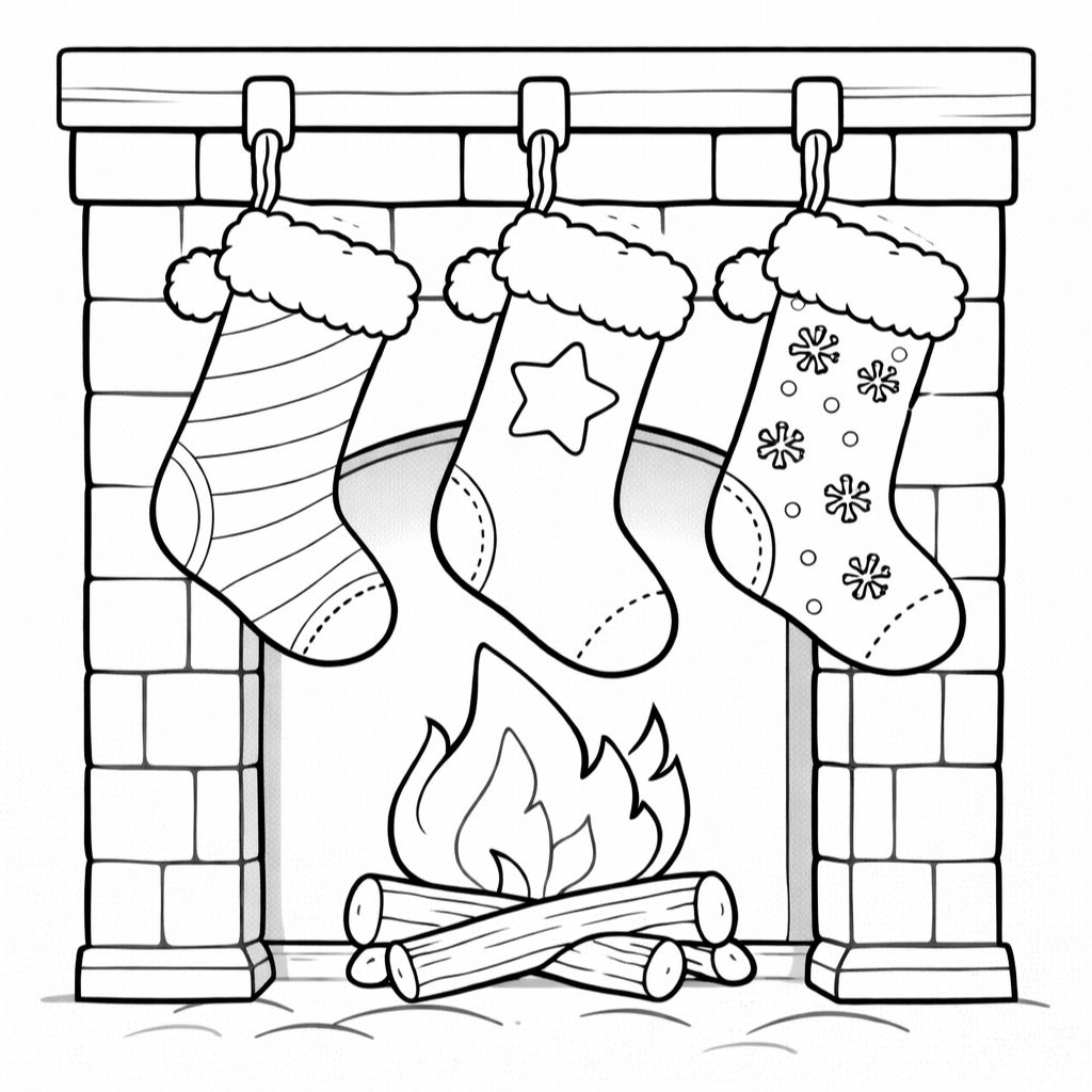 Three Christmas stockings with unique patterns hang from a fireplace mantel above a glowing fire, just like the festive designs you'll find on free, printable Christmas coloring pages.