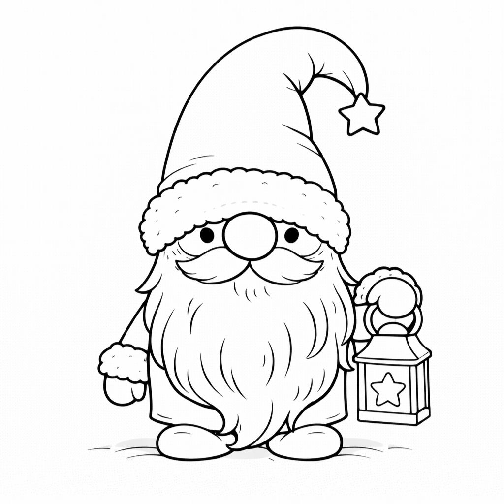 Cartoon-style Santa Claus with a long beard and festive hat holds a lantern decorated with a star. This black and white line drawing is perfect for Christmas coloring pages—printable and free for holiday fun.