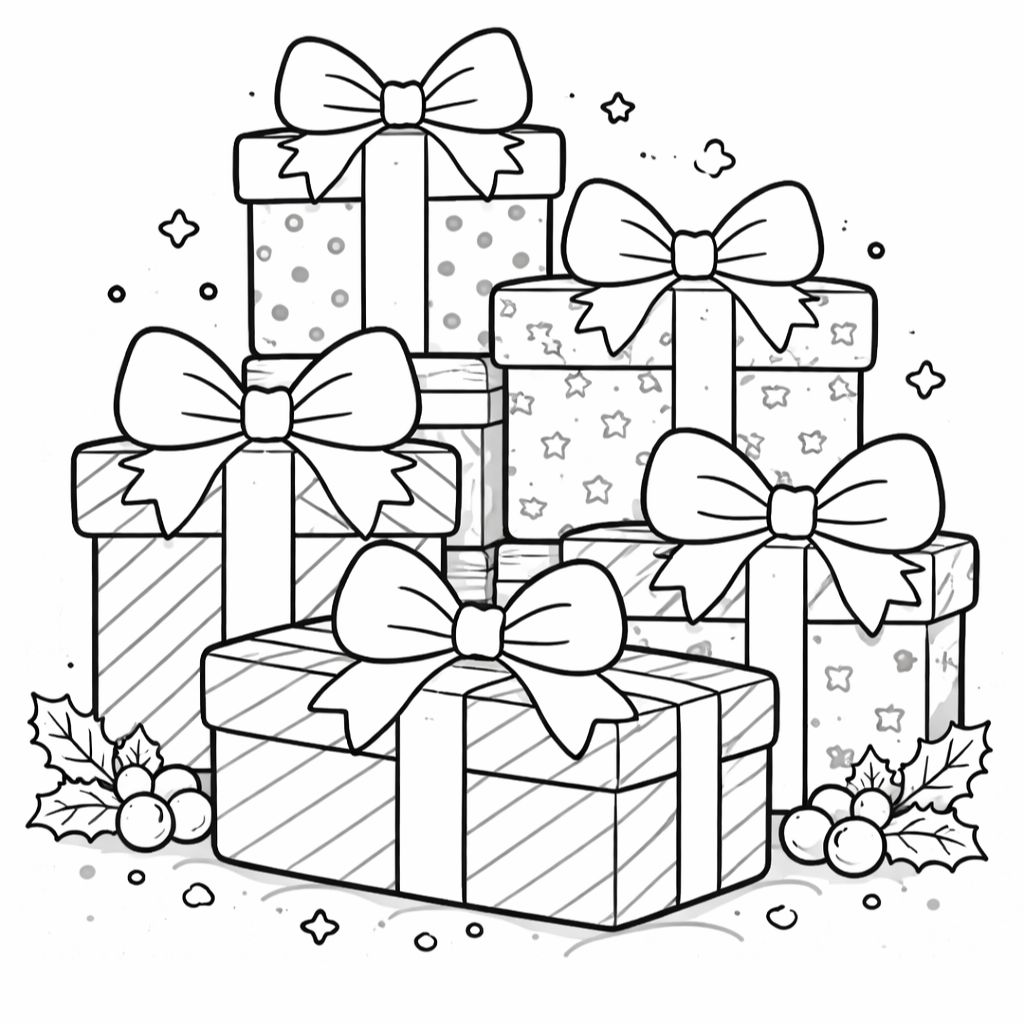 A stack of gift boxes with ribbons and bows, decorated with various patterns, surrounded by holly leaves and berries—perfect for free printable Christmas coloring pages.