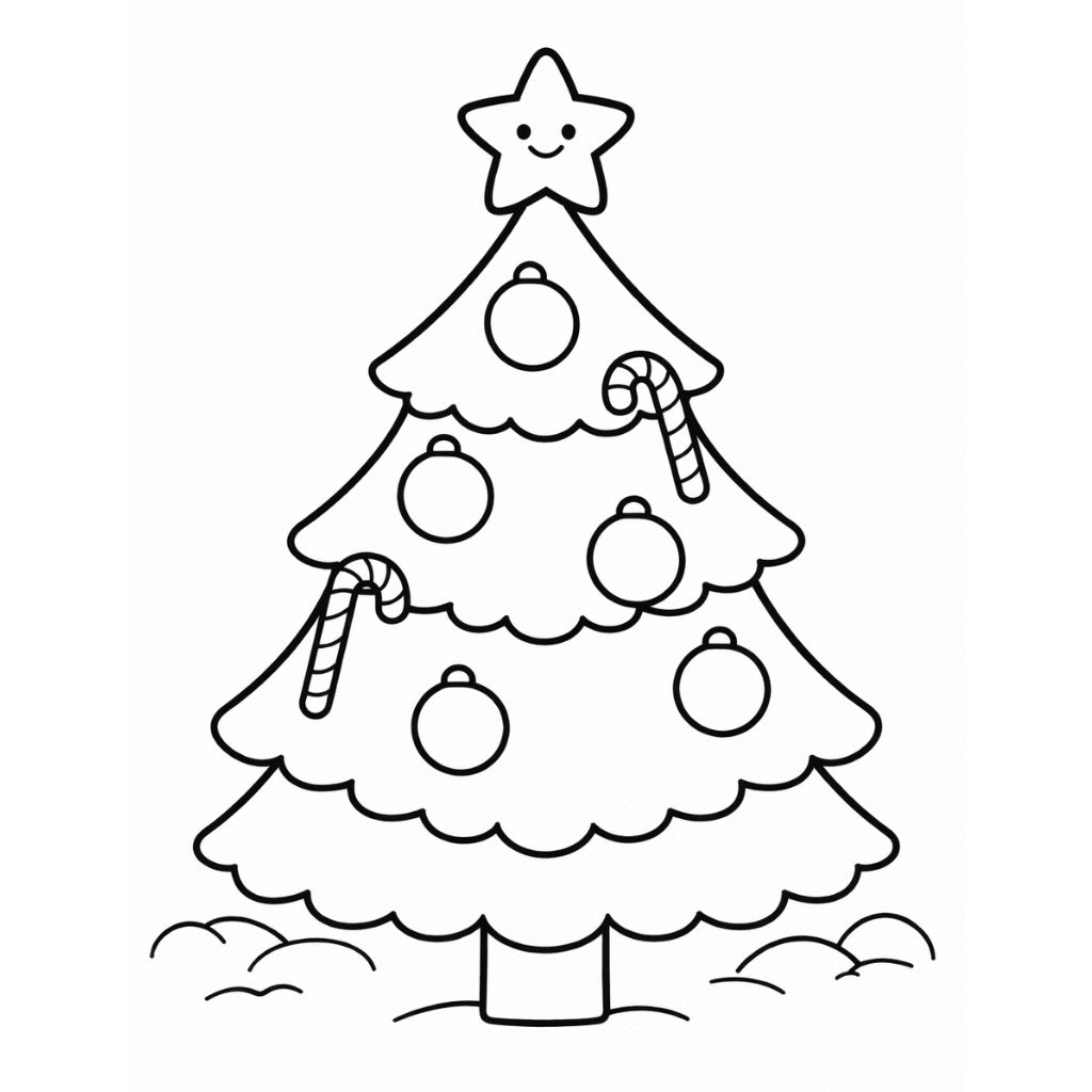 Line drawing of a Christmas tree with a star on top, round ornaments, and candy canes hanging from its branches, surrounded by snow. Perfect for free Christmas coloring pages or printable holiday activities.