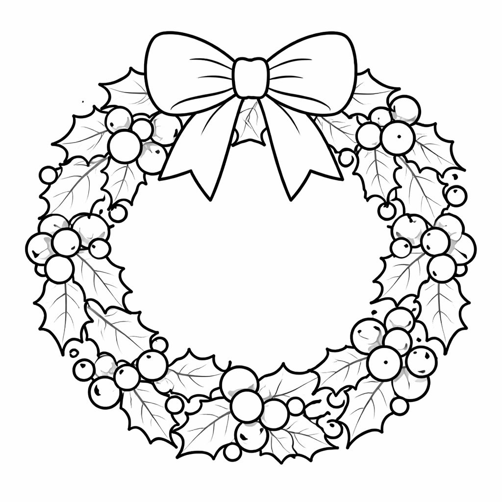 Black and white illustration of a holiday wreath with holly leaves, berries, and a large bow at the top—perfect for free Christmas coloring pages or as a festive printable activity.