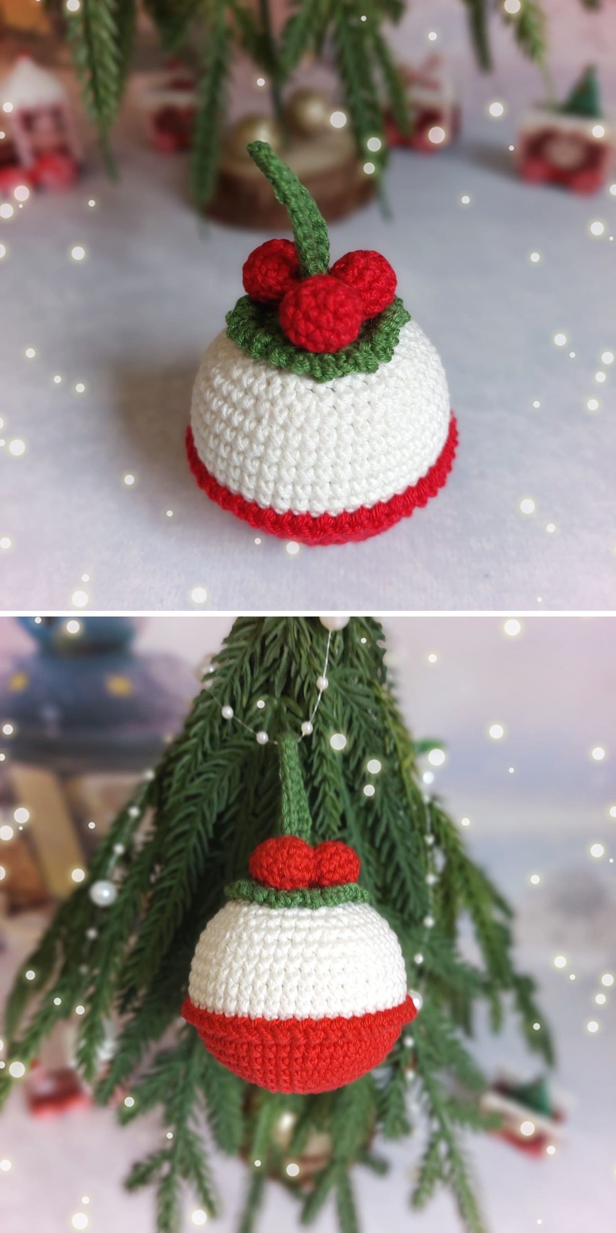 Crocheted Christmas ornament with a red and white base, green loop, and red berries, shown on a flat surface and hanging from a tree branch—perfect as a festive crochet ornament or unique snowflake-inspired decoration.