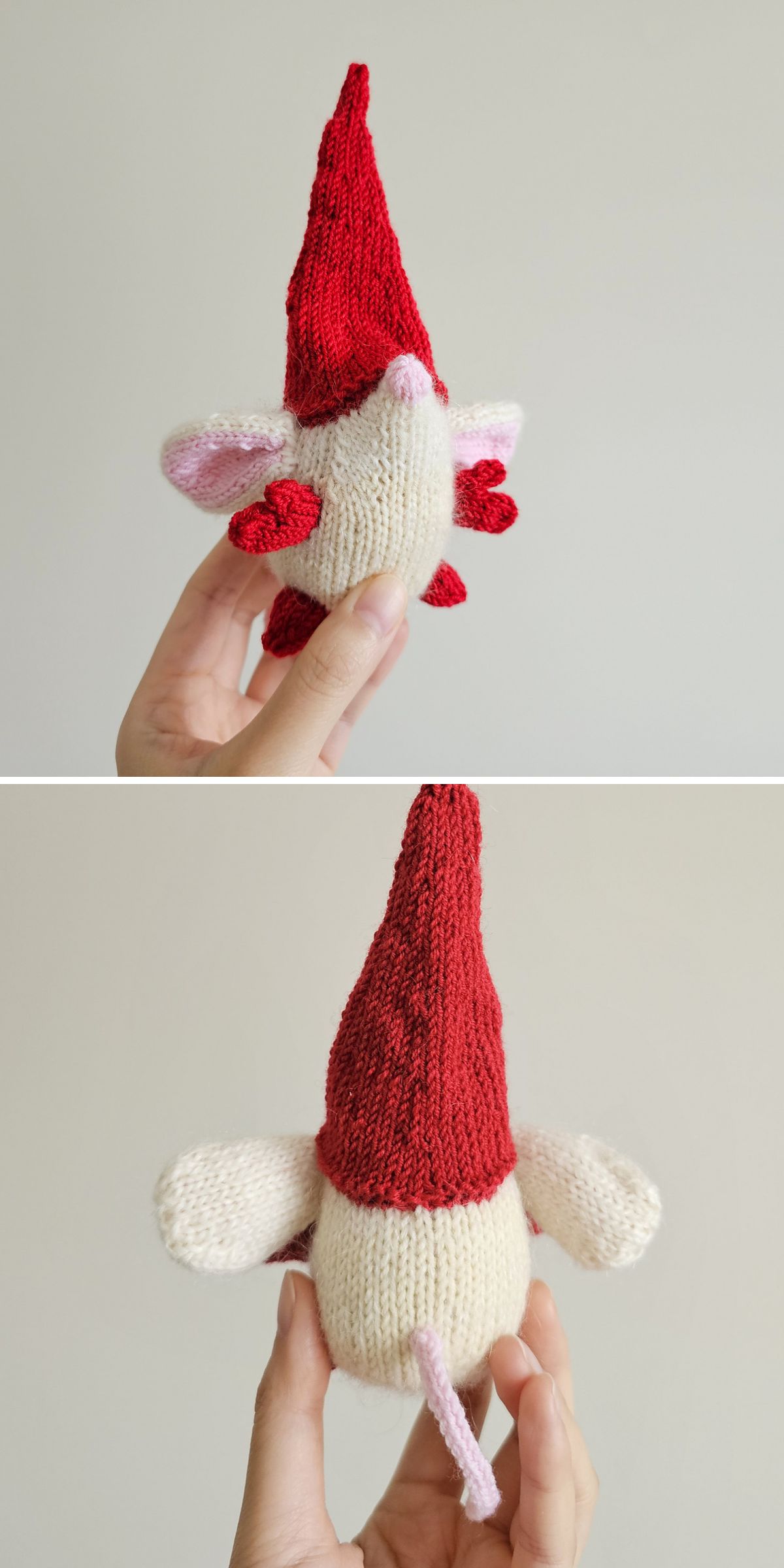 A hand holds a small, knitted gnome figure with a tall red hat, pink ears, arms, and a tail, shown from the front and back against a plain background — perfect as charming knitted Christmas decorations.