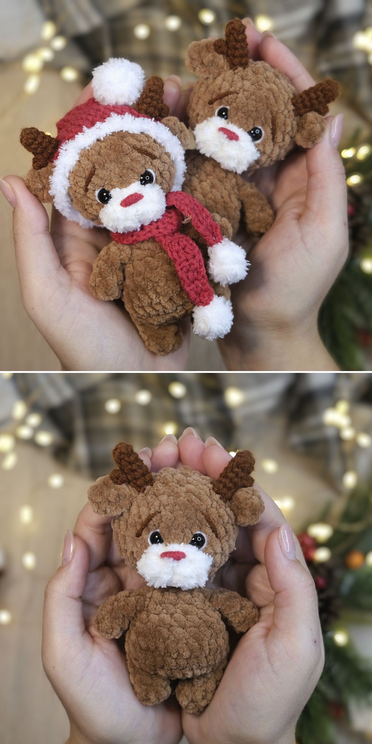 Two photos of small, plush crochet reindeer toys held in hands; one wears a Santa hat and scarf, while the other has no accessories.