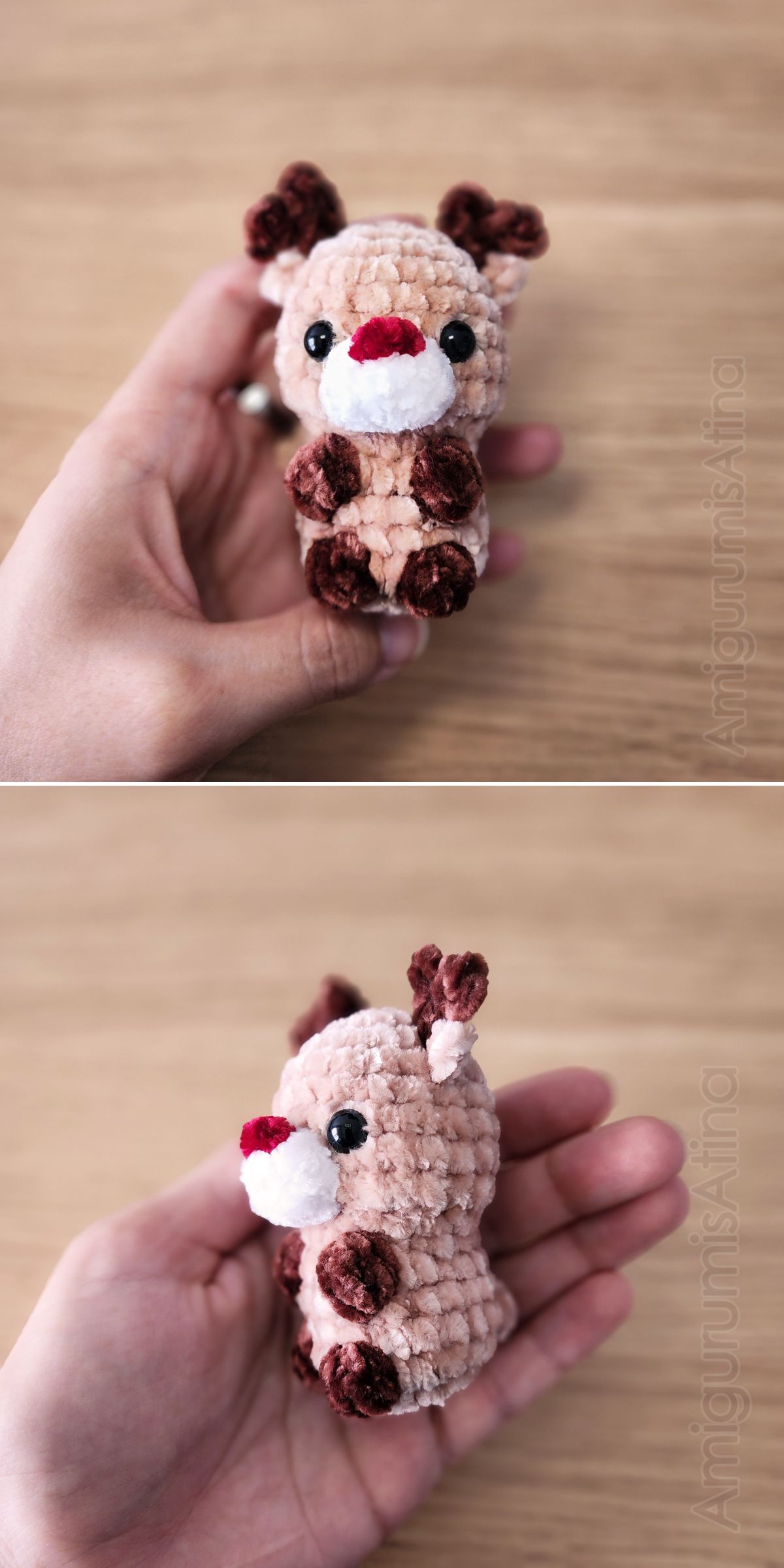 Two photos showing a hand holding a crochet reindeer plush toy, with a front view on top and a side view below, set against a wooden background.