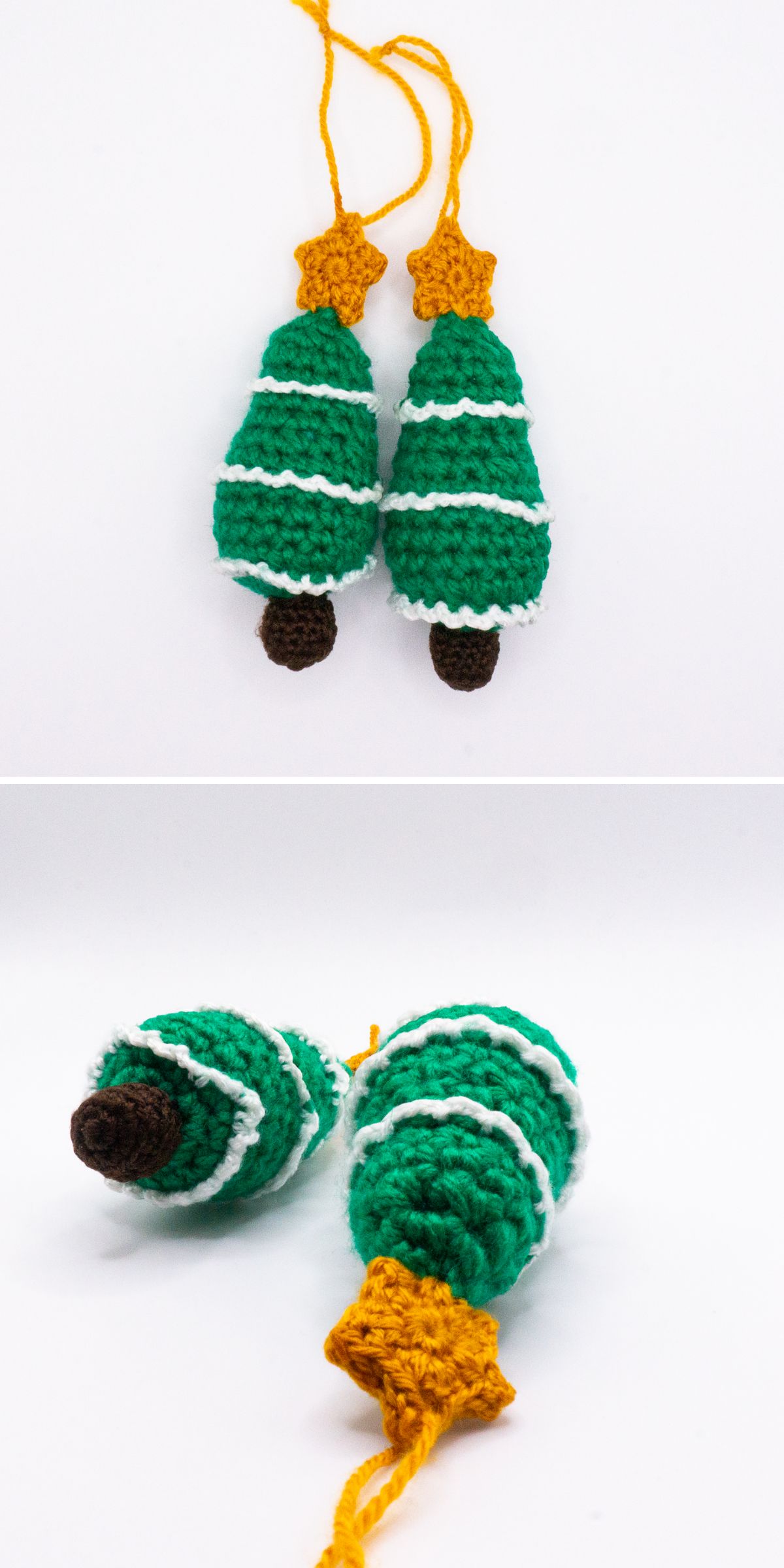 Two crochet Christmas tree ornaments with green bodies, white trim, brown bases, and yellow star tops are shown hanging and lying on a white background.