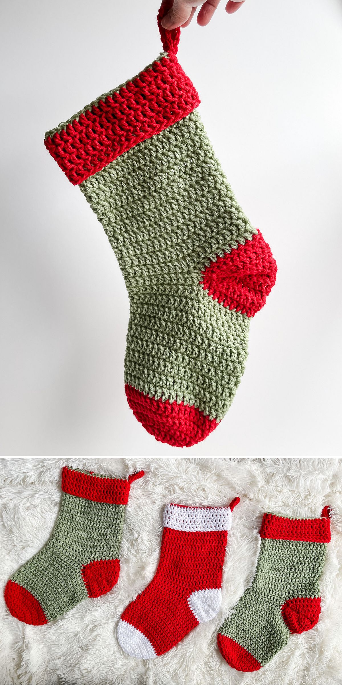 A hand holds a green and red Crochet Christmas Stocking. Below, three different crocheted stockings—mostly green and red—are displayed on a white textured surface.