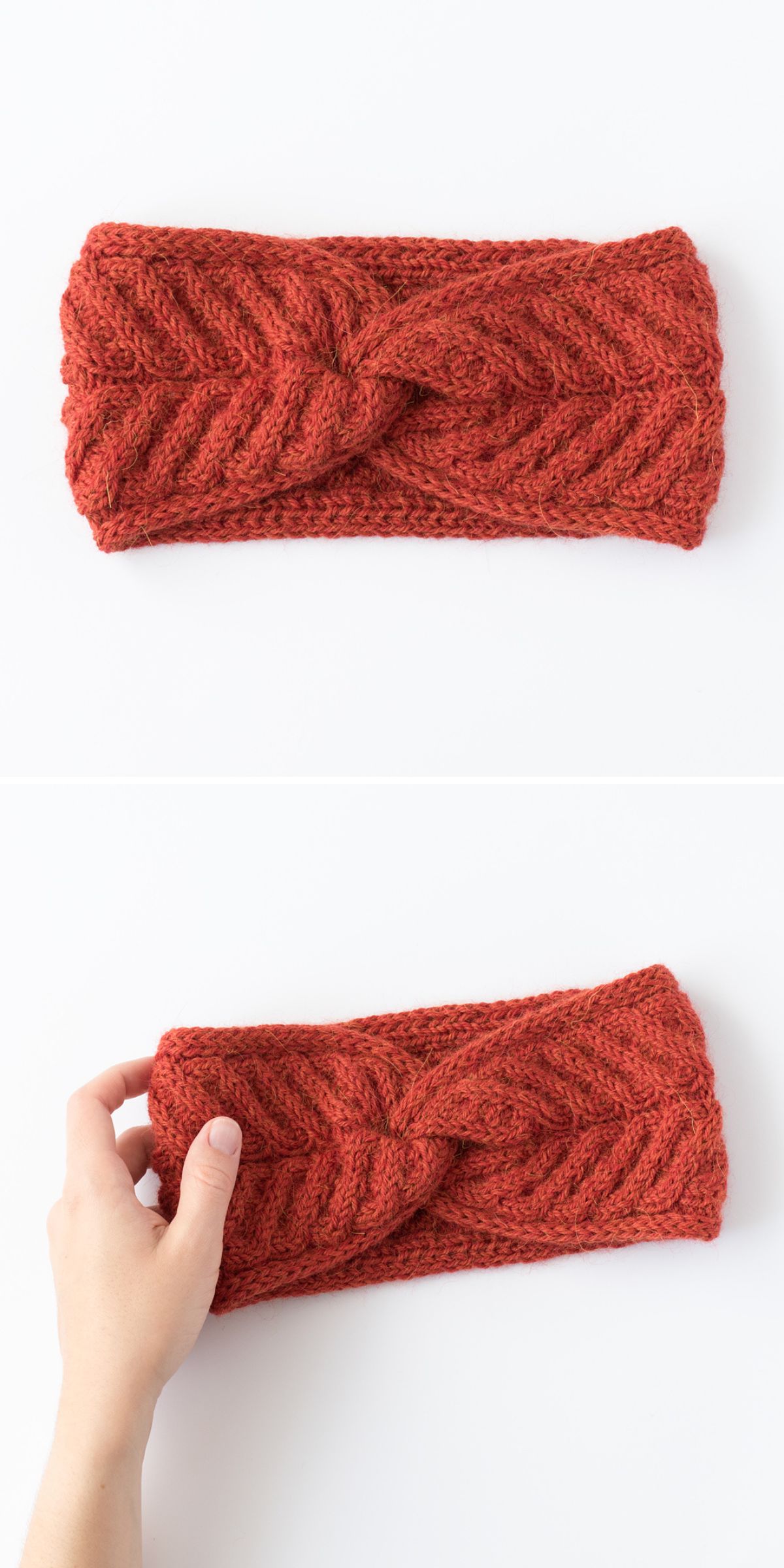 A hand-knitted, rust-colored knitted headband with a twisted cable pattern is shown folded and then being picked up by a hand.