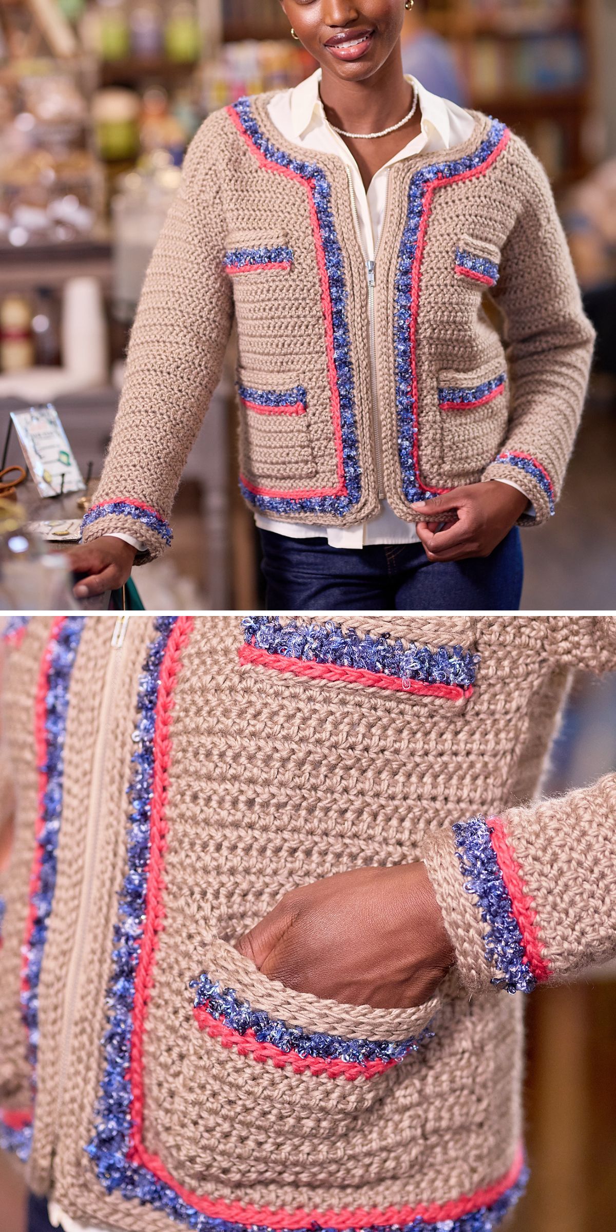 a woman in a Chanel-inspired crochet cardigan that resembles design of a classic Chanel tweed jacket
