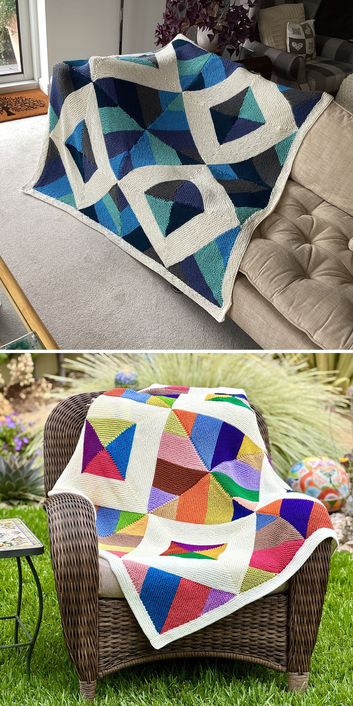 a colorful knitted blanket with geometric design on a sofa inside and on an armchair in the garden
