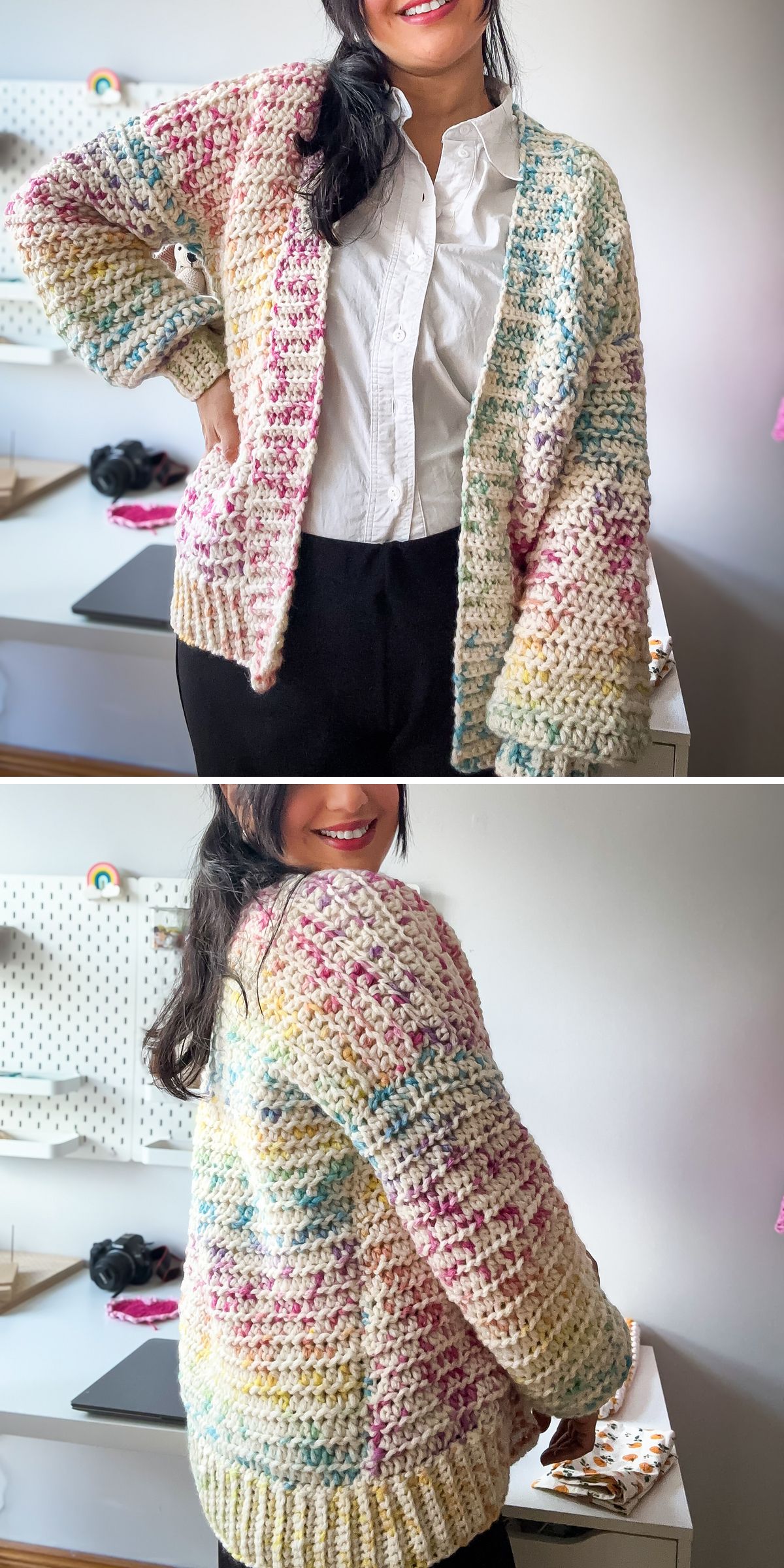 A person wearing a chunky, multicolored crochet cardigan over a white shirt and black pants, shown from the front and back.