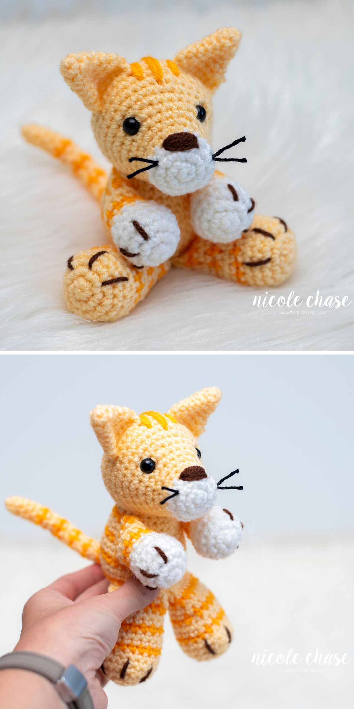 a yellow amigurumi cat sitting on the white surface