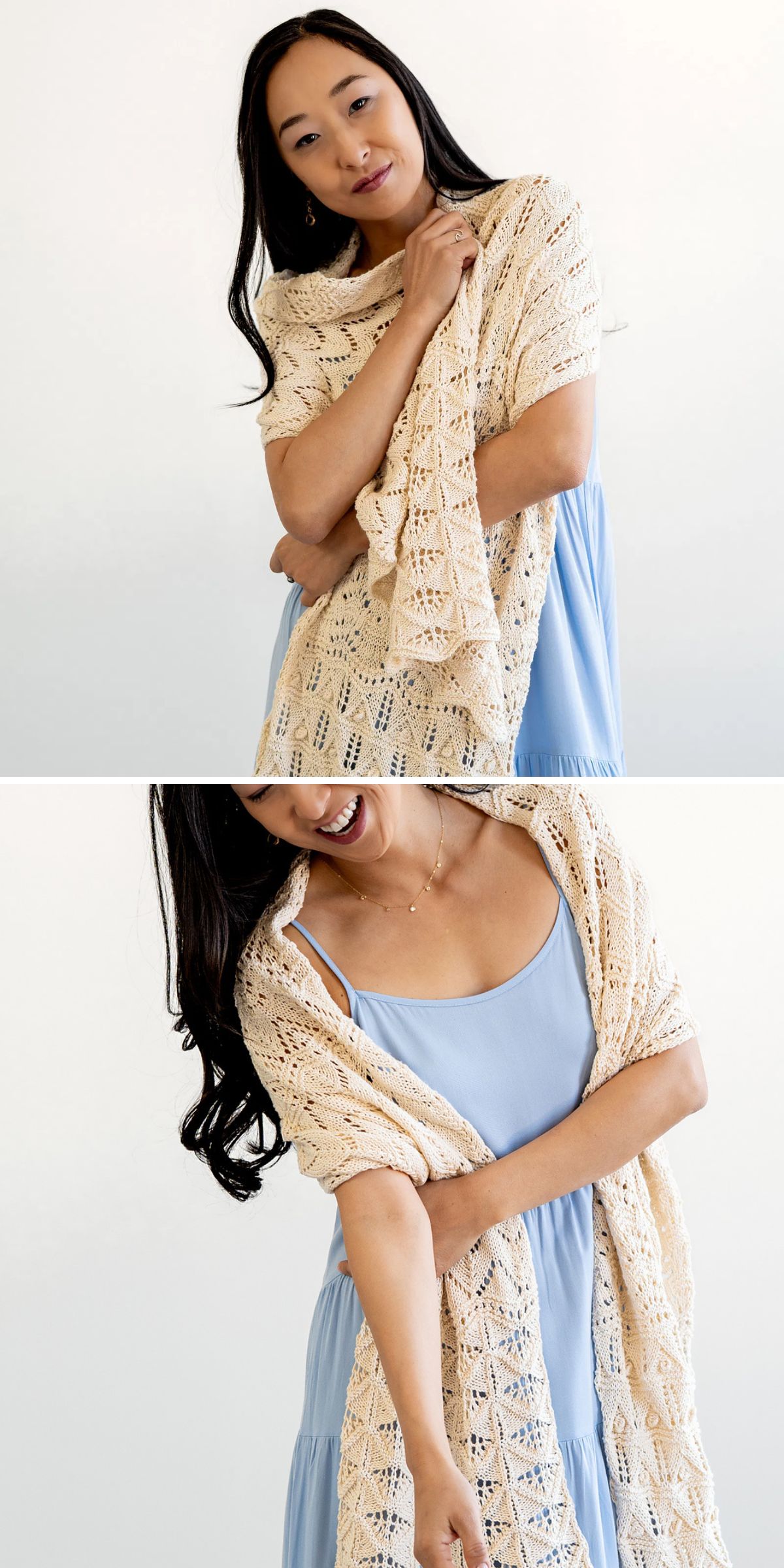 Beige knitted wrap pattern with lace texture, lightweight and stylish for layering