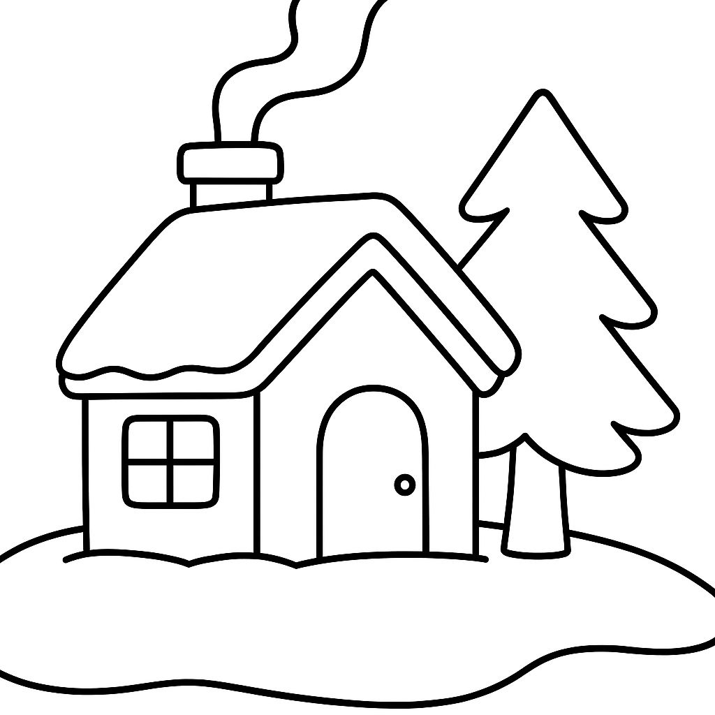 A simple black and white drawing of a small house with a smoking chimney, beside a tree, on a patch of snow—perfect for winter coloring pages.