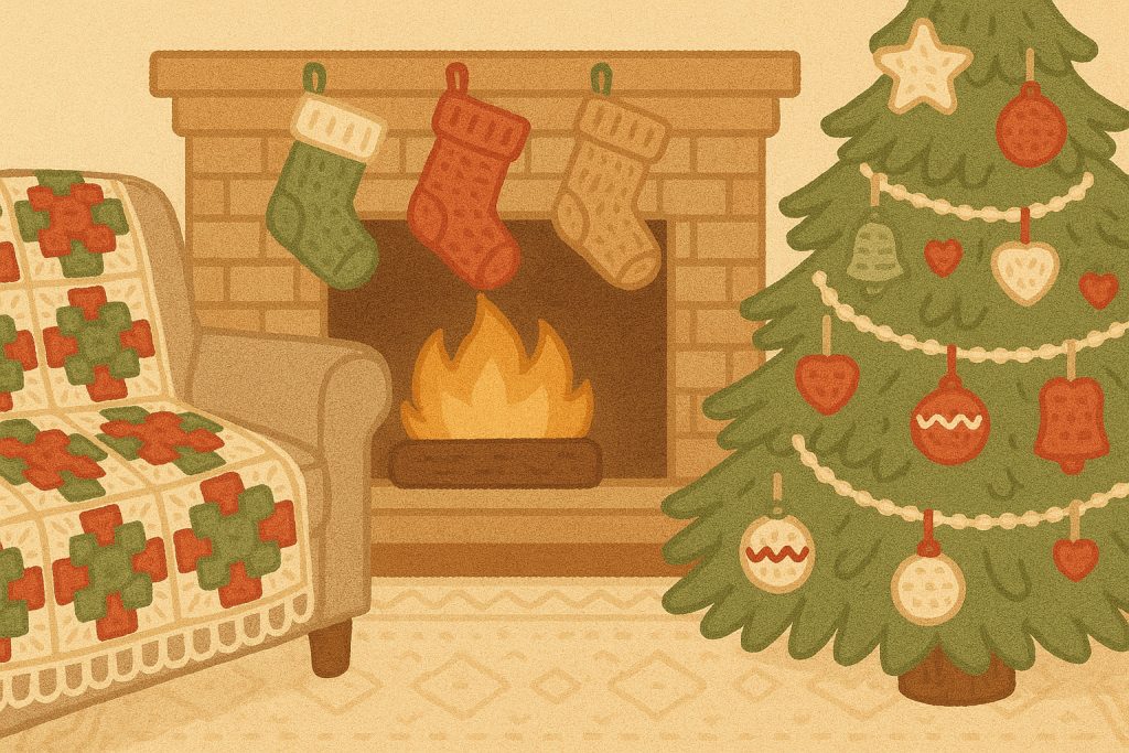 A cozy living room with a decorated Christmas tree, three stockings hanging on a fireplace, and an armchair draped with a quilt inspired by crochet winter patterns.