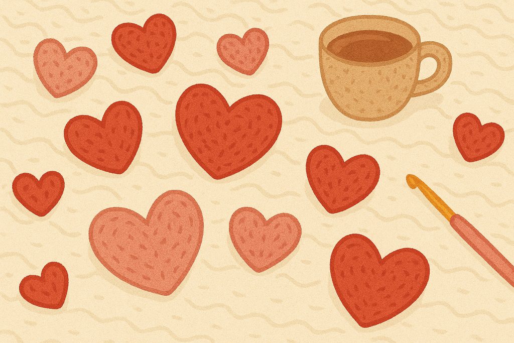 Illustration of various red and pink crocheted hearts, a coffee cup, and a crochet hook on a cream-colored textured background, perfect for inspiring cozy crochet winter patterns.