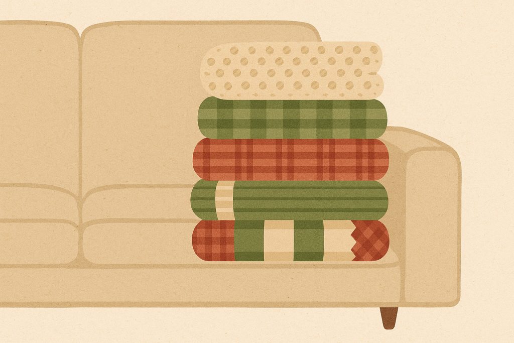 A beige sofa with a stack of four folded blankets in green, red, and beige crochet winter patterns placed on the right armrest.
