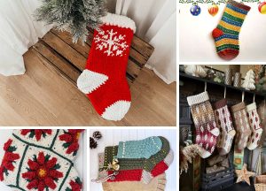 A collage of five images featuring Crochet Christmas Stockings in various colors and patterns, beautifully displayed on fireplaces, crates, and festive backgrounds.