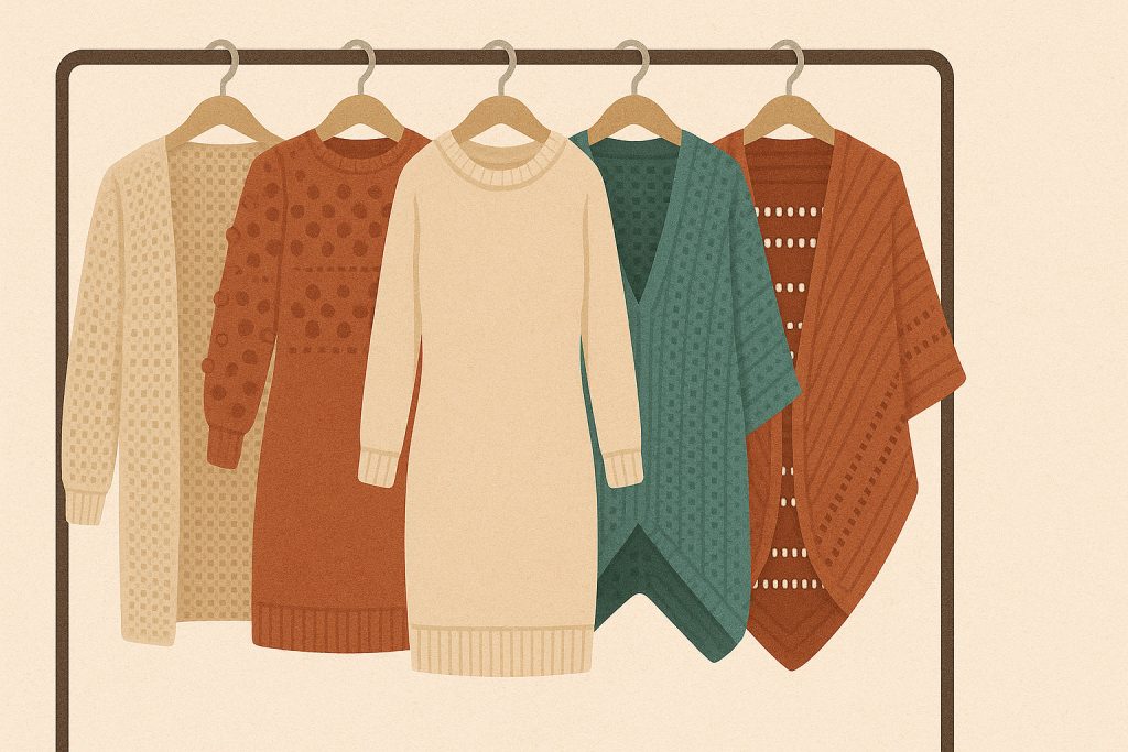 Five different sweaters in neutral and earthy tones, inspired by crochet winter patterns, hang on a clothing rack—including cardigans, pullovers, and a poncho-style sweater.