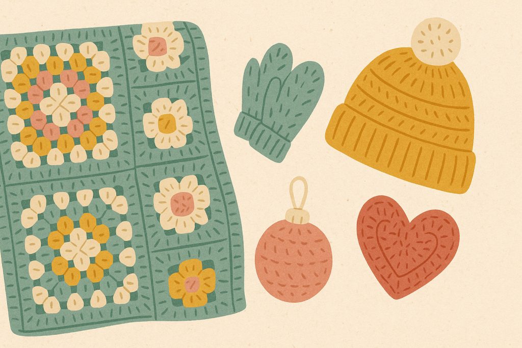 Illustration of a crocheted blanket, green mittens, a yellow knit hat, a pink ornament, and a red heart on a beige background—perfect inspiration for cozy crochet winter patterns.