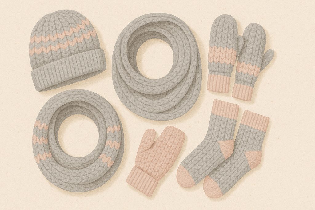 A set of knitted winter accessories, inspired by crochet winter patterns, including two scarves, a hat, two pairs of mittens, and a pair of socks in gray and light pink colors.